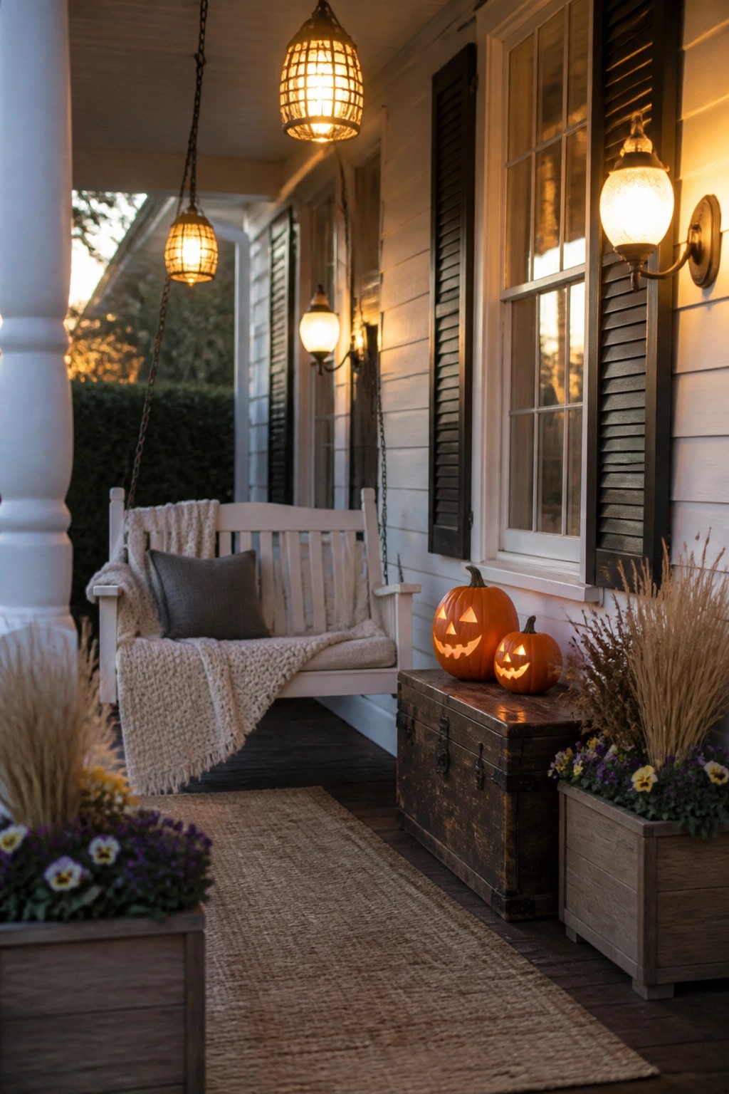 A white wooden porch swing with blankets and pillows sits beside two glowing jack-o'-lanterns on a wooden trunk, surrounded by hanging lanterns, wall sconces, and flower boxes.