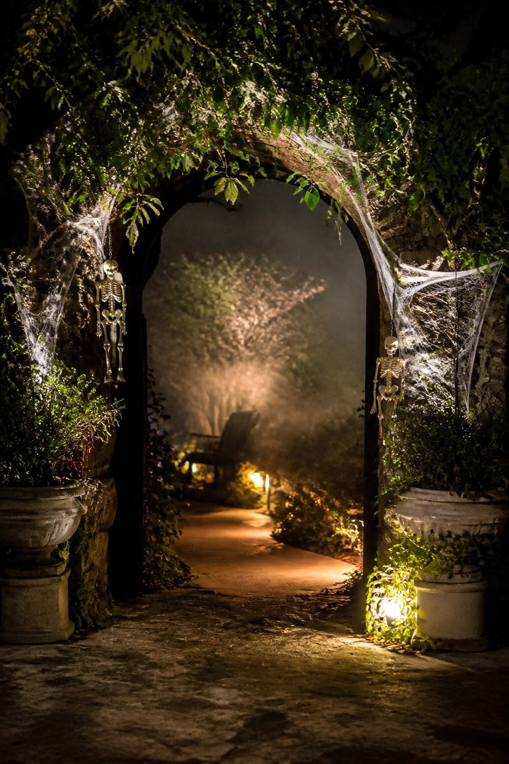 Spooky stone archway with hanging skeletons, spiderwebs, vines, and misty garden path at night