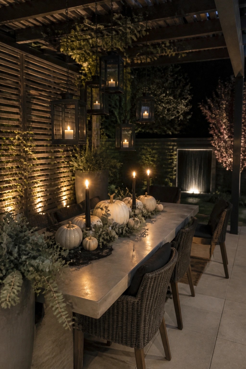 An outdoor concrete dining table decorated with white pumpkins and greenery, illuminated by multiple hanging black lanterns with lit candles and additional black taper candles on the table at night.