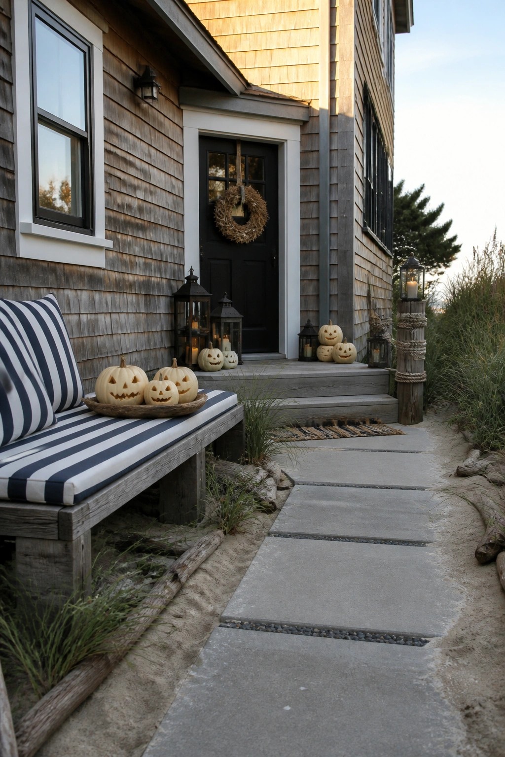 A shingled house exterior with a black door, wreath, carved pumpkins, and several lit black lanterns placed on the porch steps and beside the entry.
