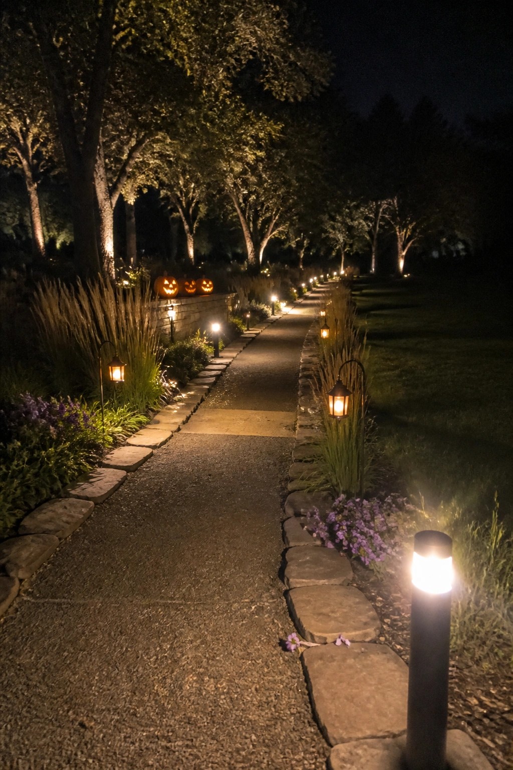 A nighttime garden path bordered by stone edging, illuminated by a mix of short bollard lights and taller lantern-style fixtures, with carved pumpkins near a low wall.
