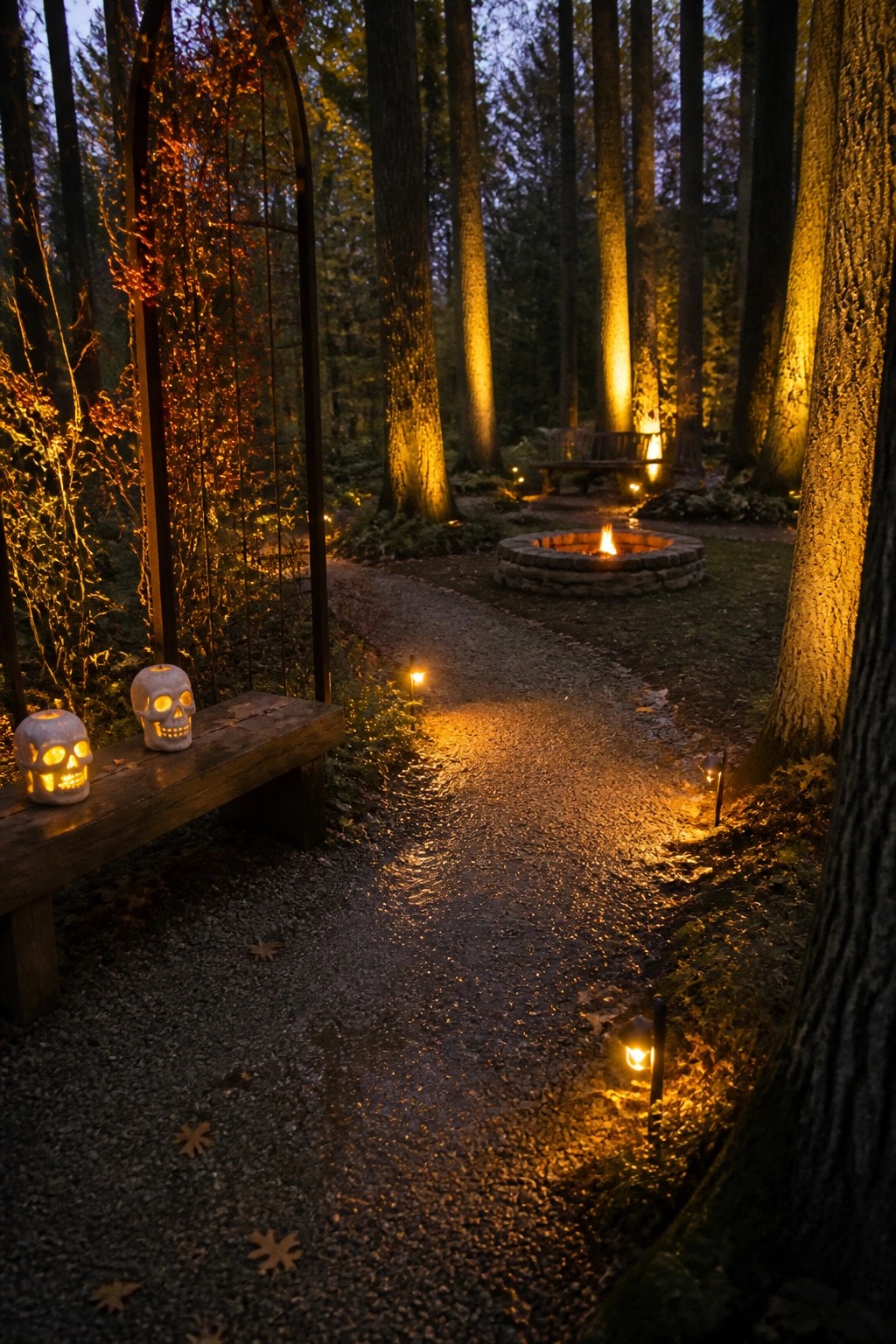 A gravel path in a wooded area lined with glowing skull lanterns on a bench and small stake lights leading toward a stone fire pit.