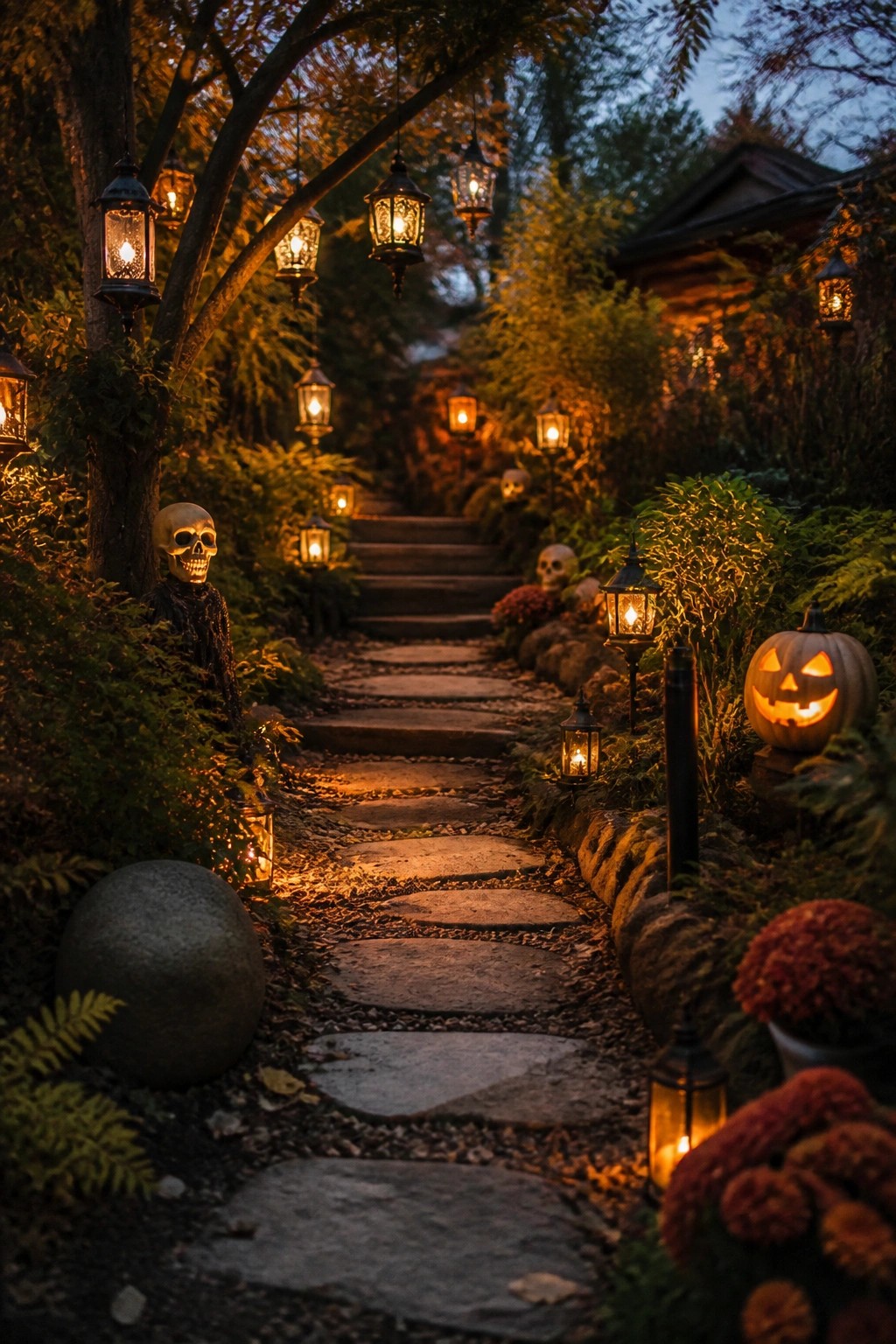 Stone walkway at dusk lined with hanging lanterns and skulls, with a glowing jack-o'-lantern on the right side.