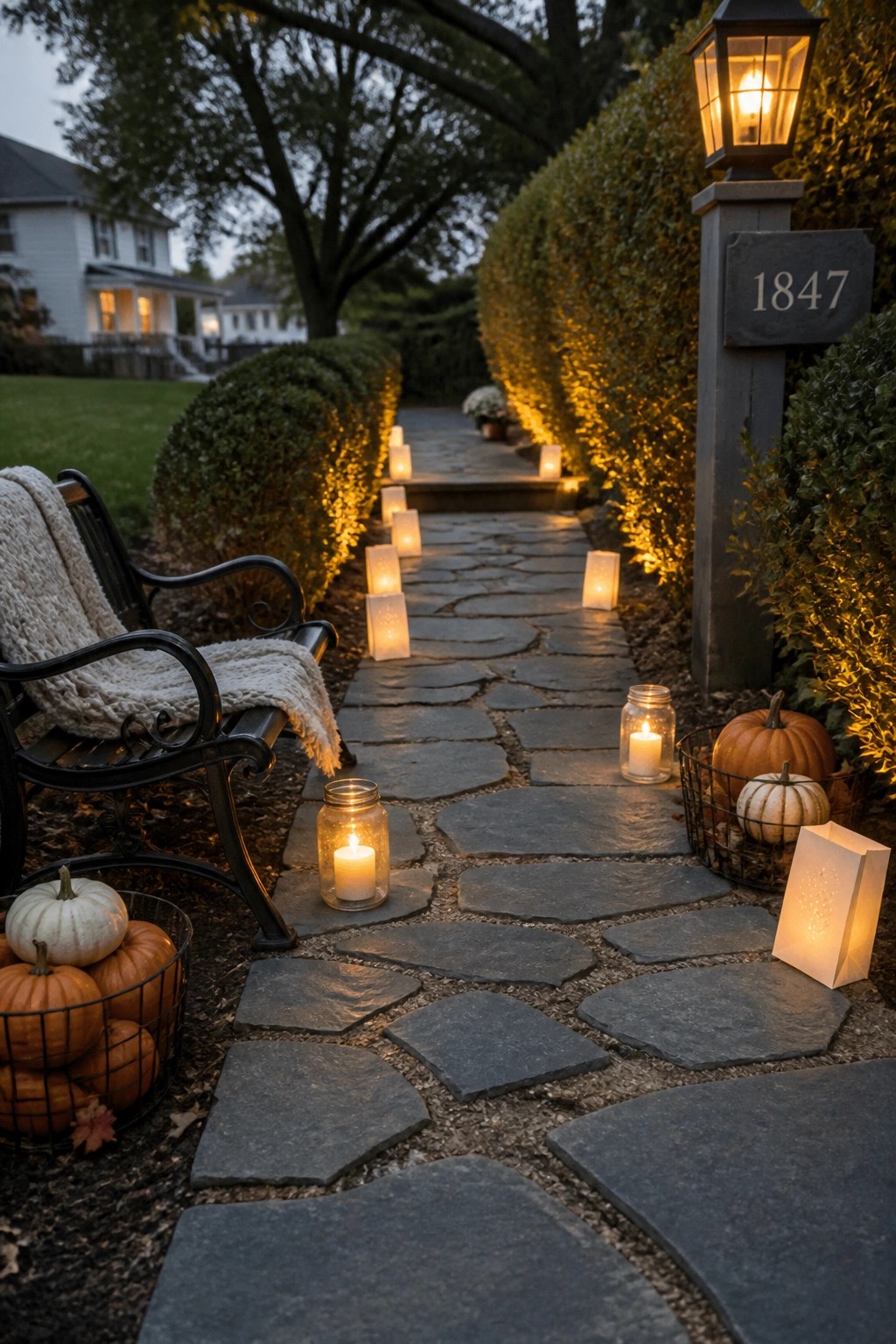 A stone pathway lined with glowing lanterns and candles, with pumpkins in wire baskets and a bench on the left side.