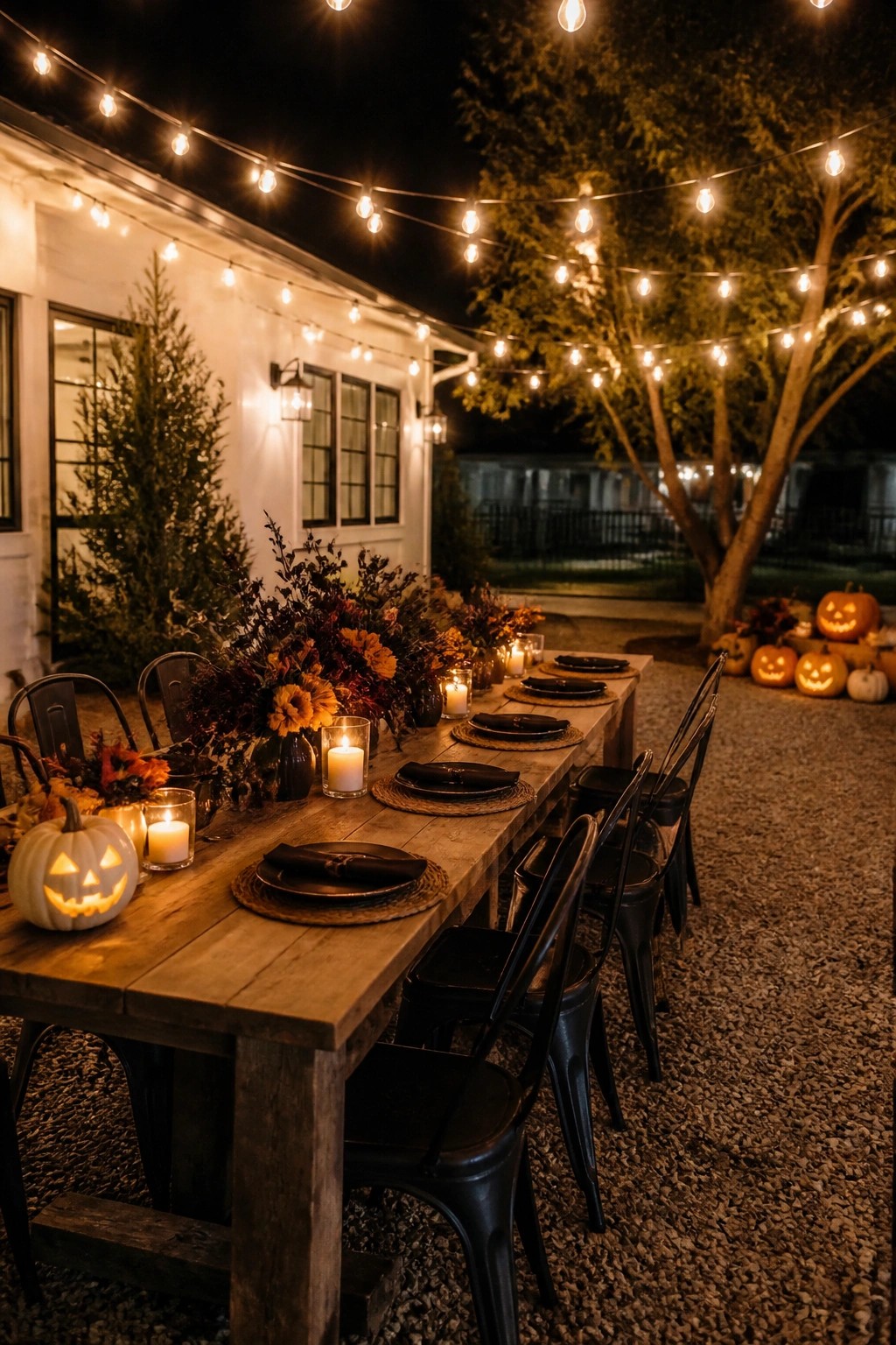 Outdoor wooden dining table at night with carved glowing jack o lanterns, black plates, candles, and string lights overhead.