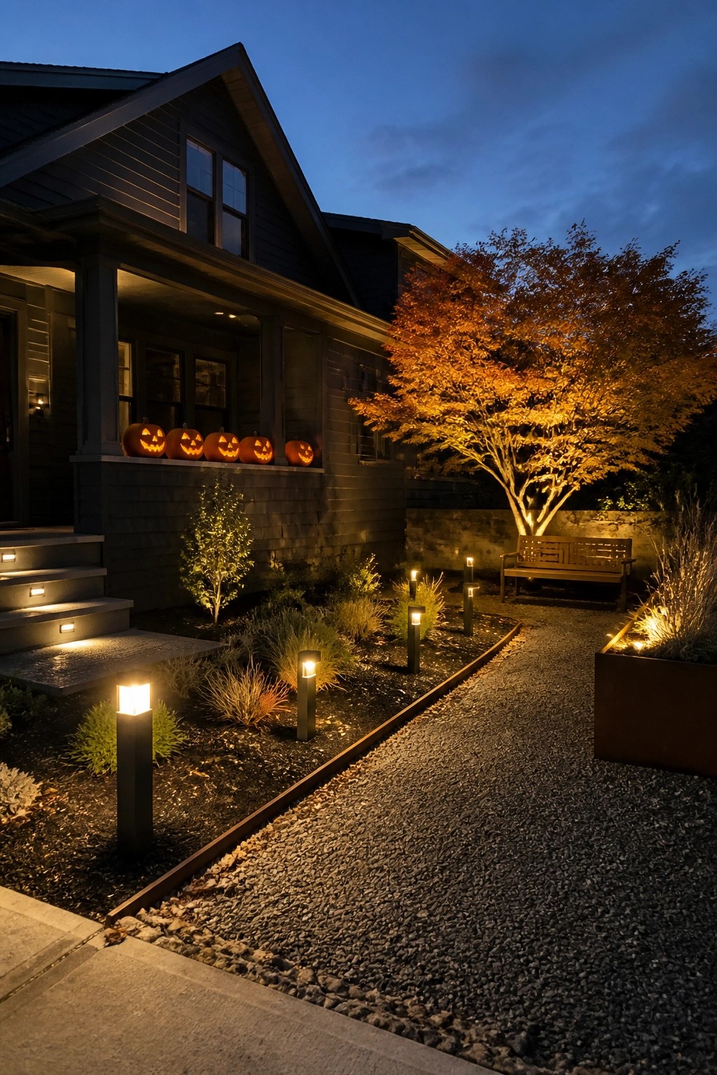 A house exterior at dusk with a gravel path lined by glowing black path lights, a brightly lit tree, and carved pumpkins on the porch ledge.