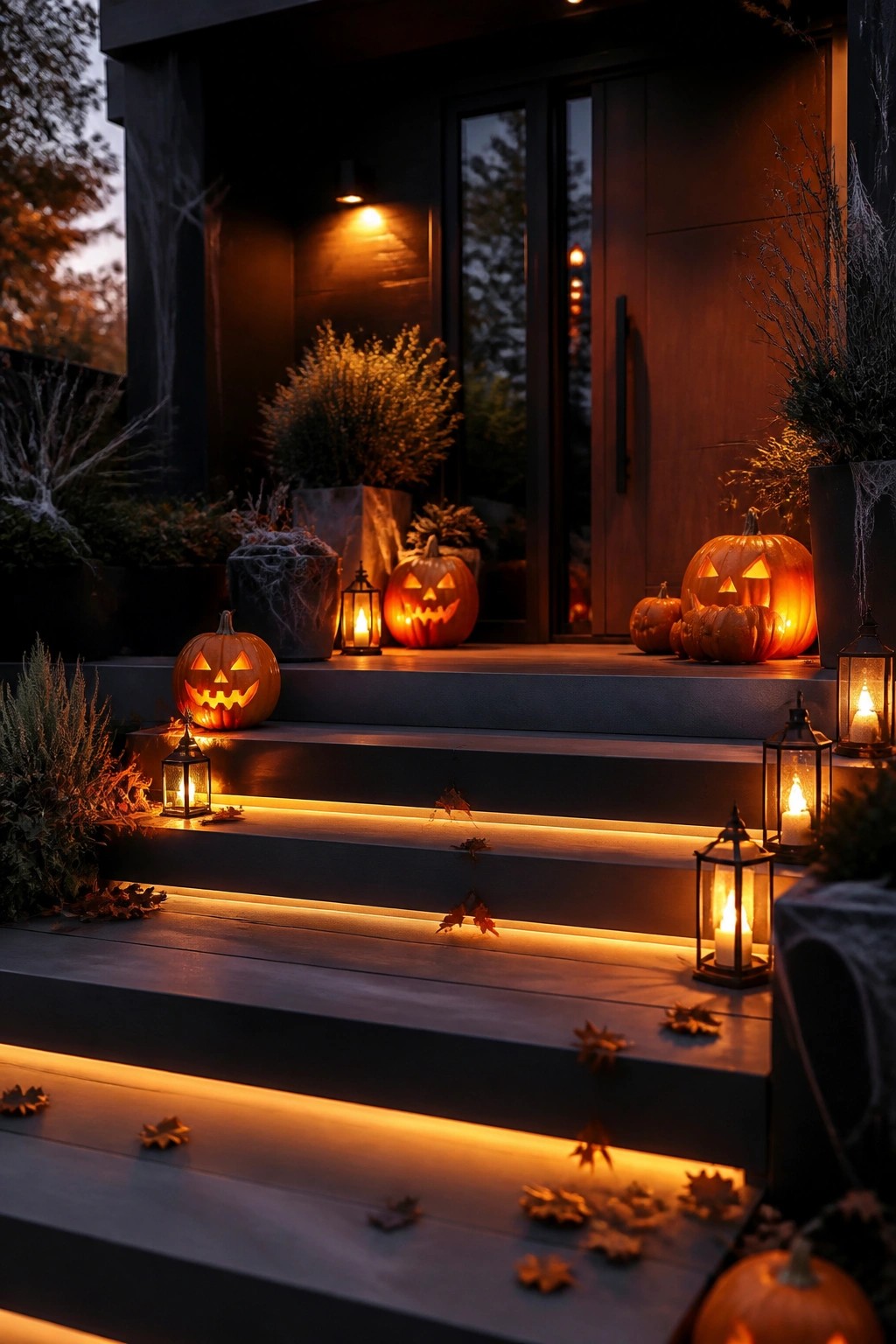 Front porch steps lined with carved glowing jack o lanterns and several candle lanterns at dusk.