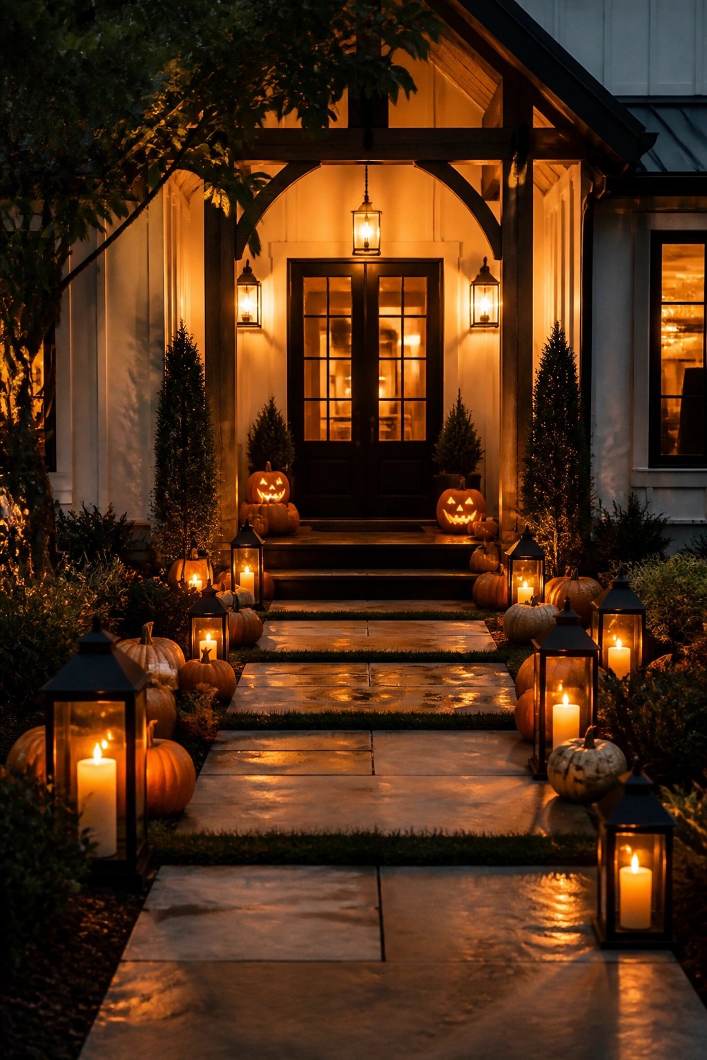 Halloween pumpkins and glowing lanterns line a stone path to a house entrance