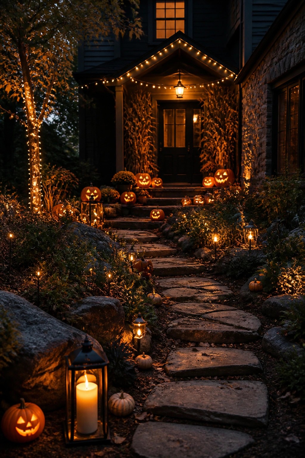 Glowing jack-o'-lanterns and lanterns line a stone path to a decorated house.