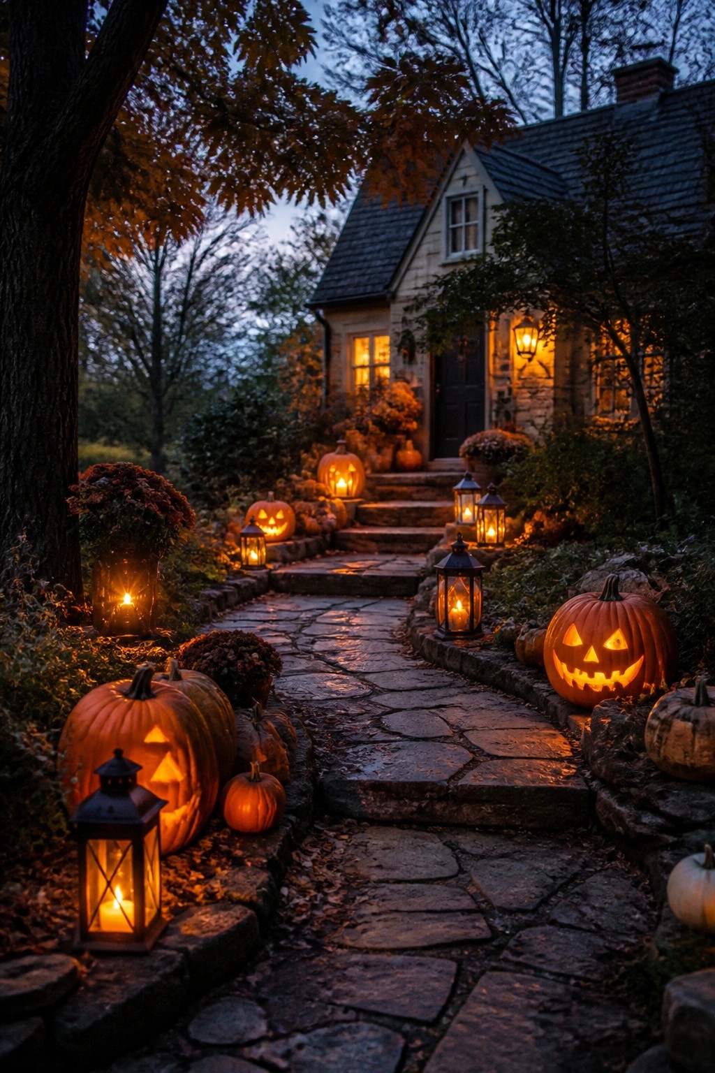 Glowing jack-o'-lanterns and lanterns line a stone path to a cottage at dusk.