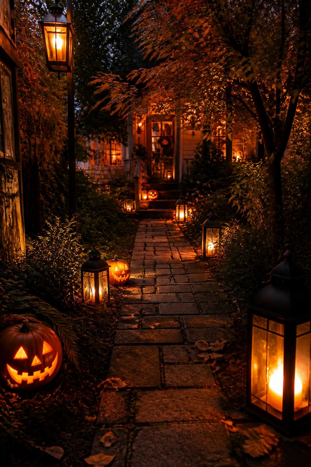 Stone walkway at night lined with glowing carved jack o lanterns and black metal lanterns leading toward a house entrance.