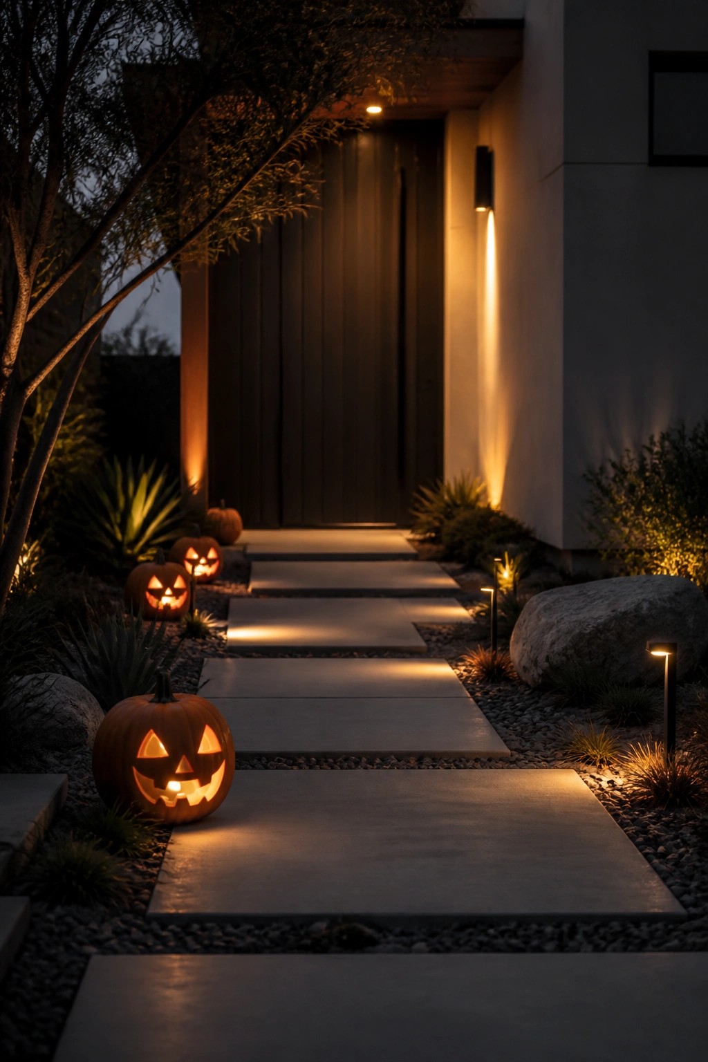 Stone walkway lined with carved jack o lanterns at night leading to a dark front door.