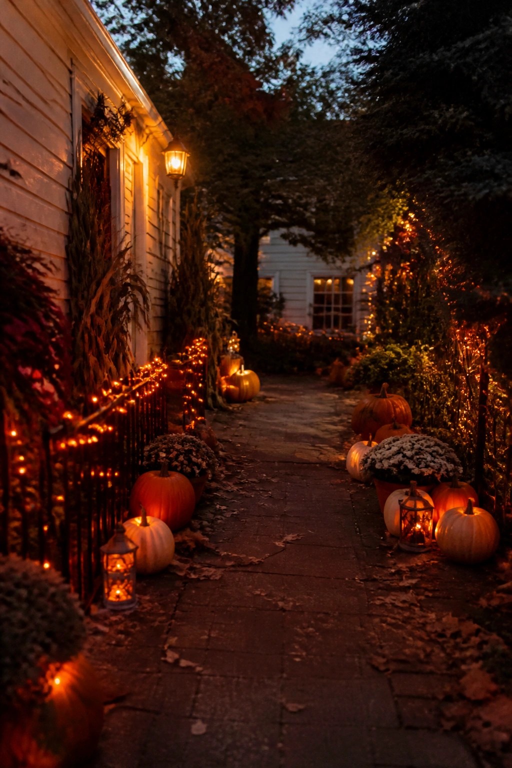 Stone walkway lined with orange and white pumpkins and glowing lanterns, with string lights along the fences on both sides.