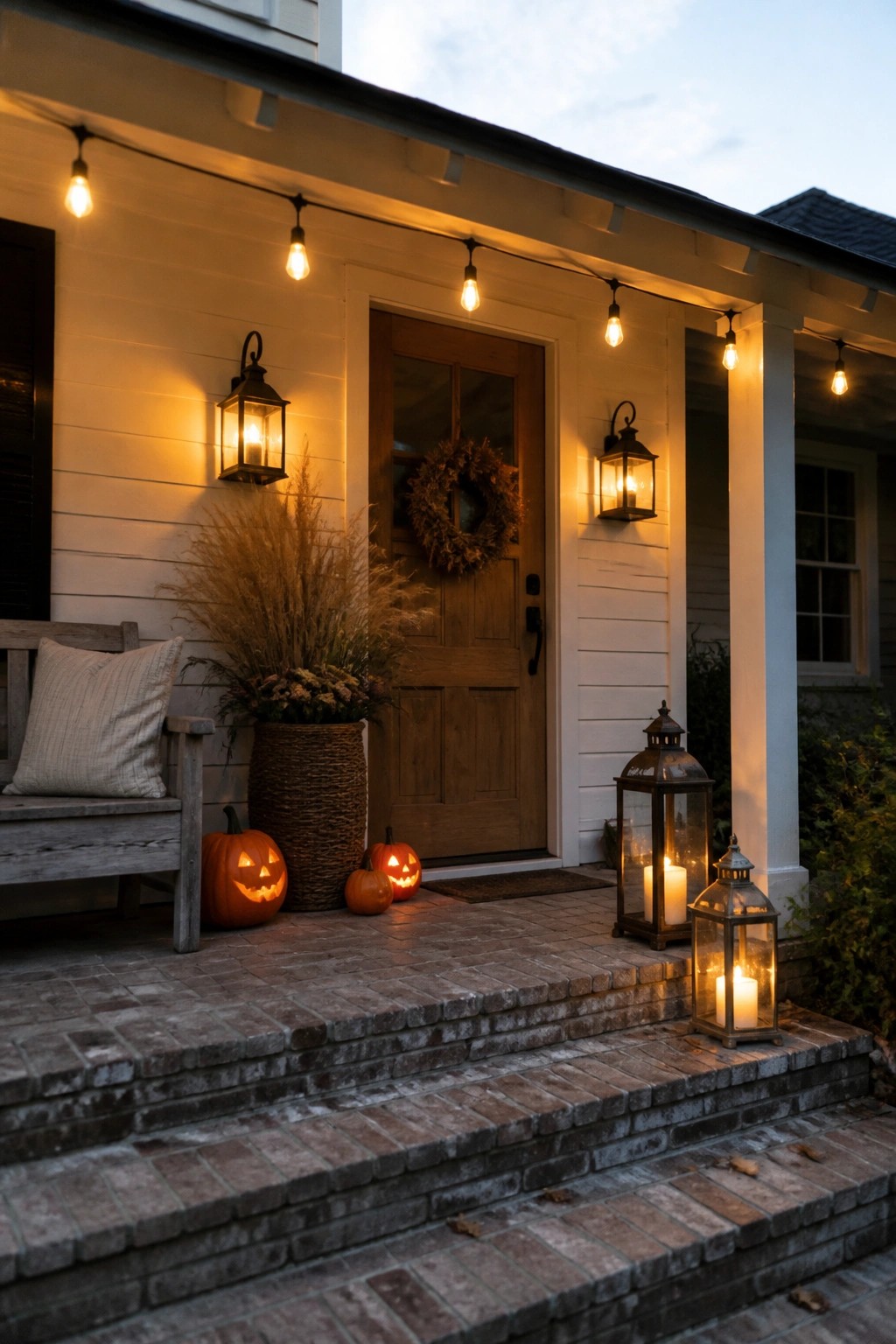 A white house porch at dusk with string lights along the eaves, two wall lanterns, several floor lanterns on the steps, and carved pumpkins near a wooden door.