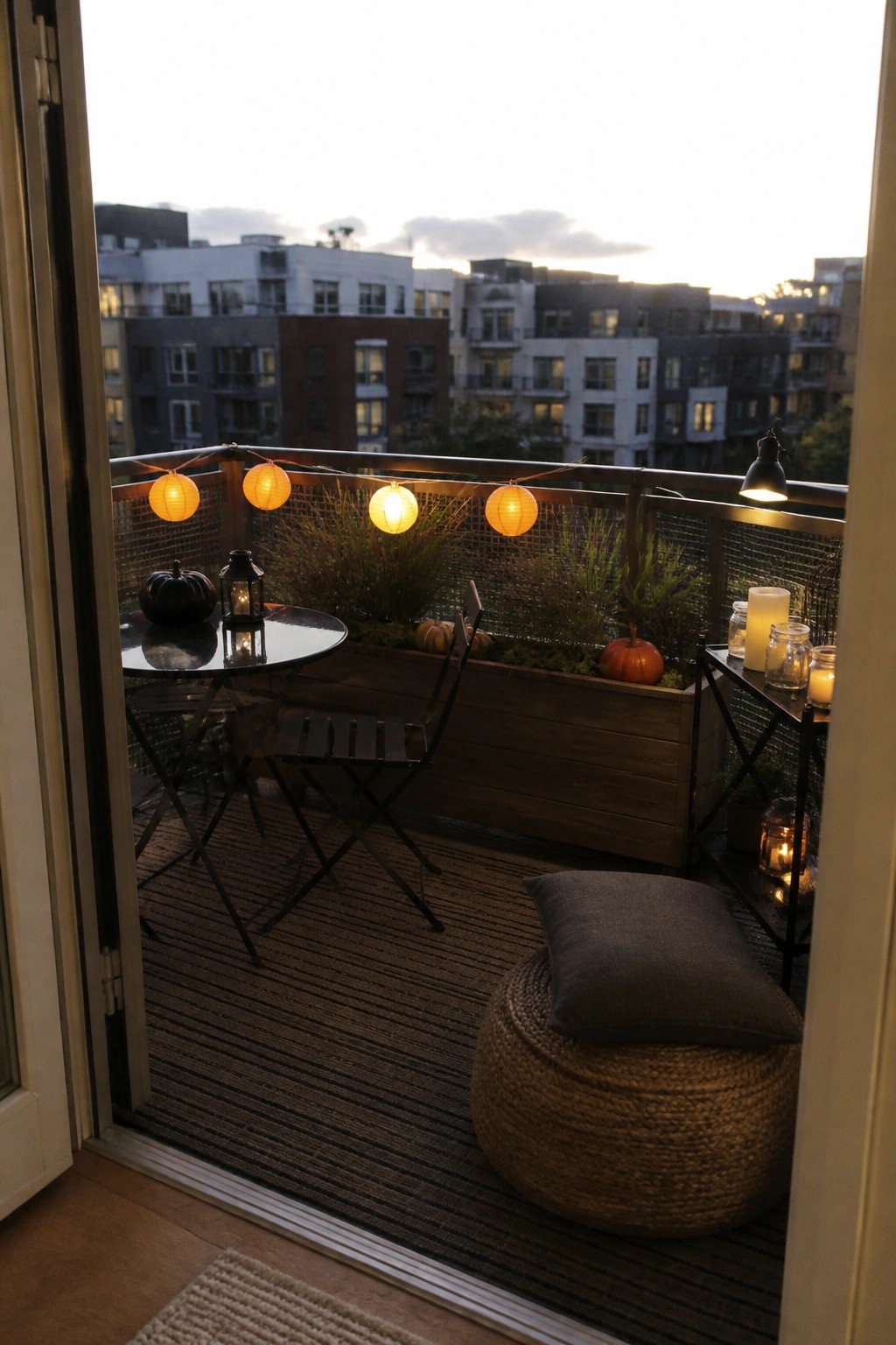 A furnished apartment balcony at dusk with string lights holding round paper lanterns along the railing, a round table with chairs, wooden planters, pumpkins, and various candles.