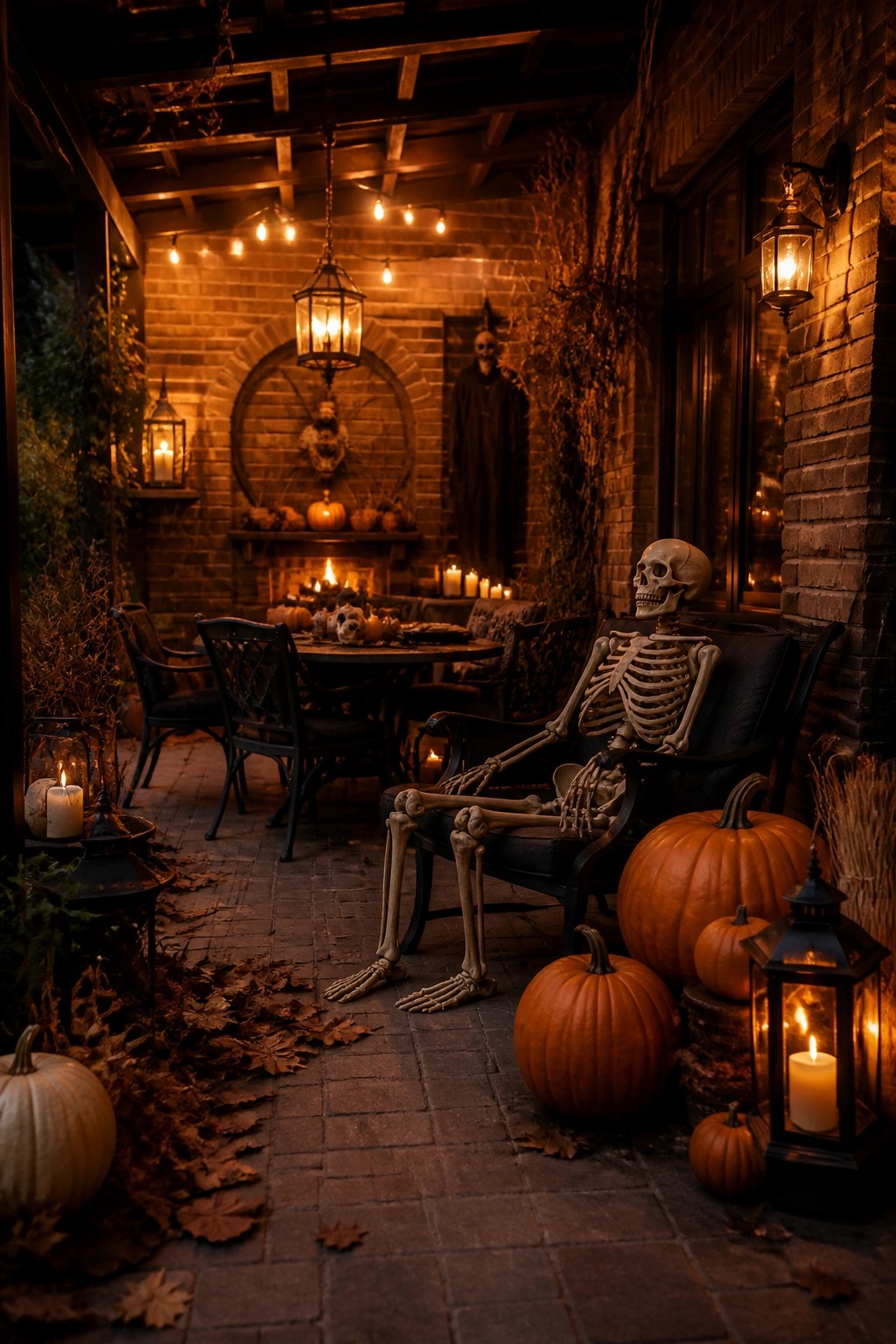 Skeleton seated in a black chair on a brick porch with pumpkins and lit lanterns around it.