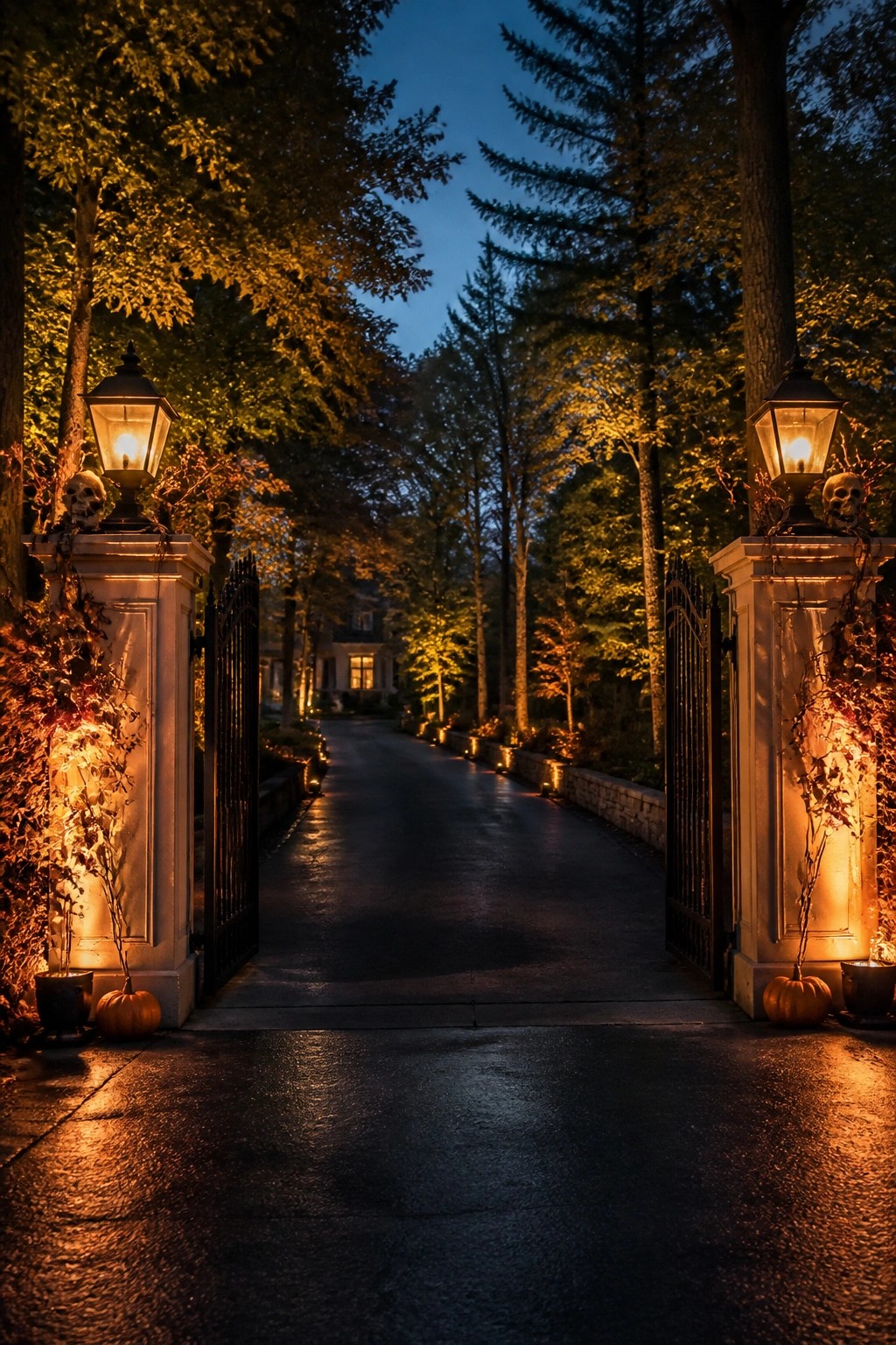 Evening view of a gated driveway entrance with lit lanterns and skulls on the pillars, pumpkins at the base, and a wet path leading toward a house.