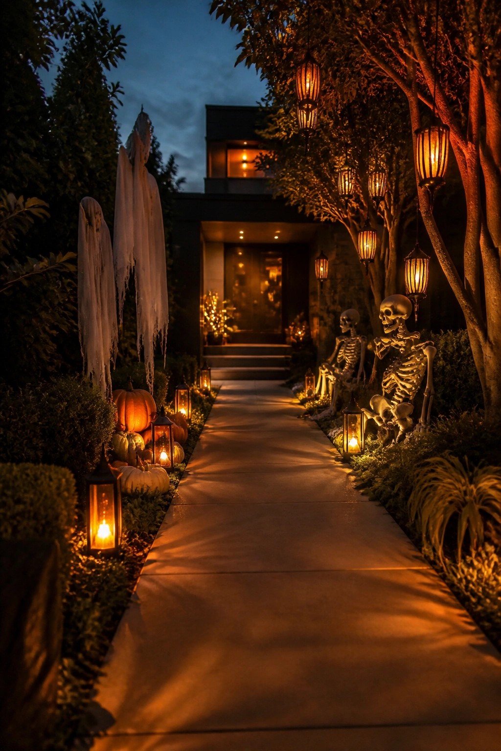 Outdoor walkway lined with skeleton figures and glowing lanterns at dusk, with hanging lights from trees and pumpkins near the shrubs.