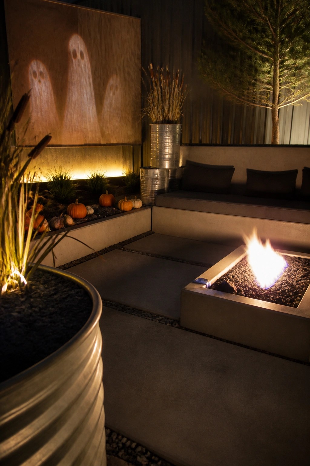An outdoor patio at night shows a square fire pit with flames, concrete seating with dark cushions, small pumpkins along a planted bed, and three ghost shapes projected onto a wooden wall.