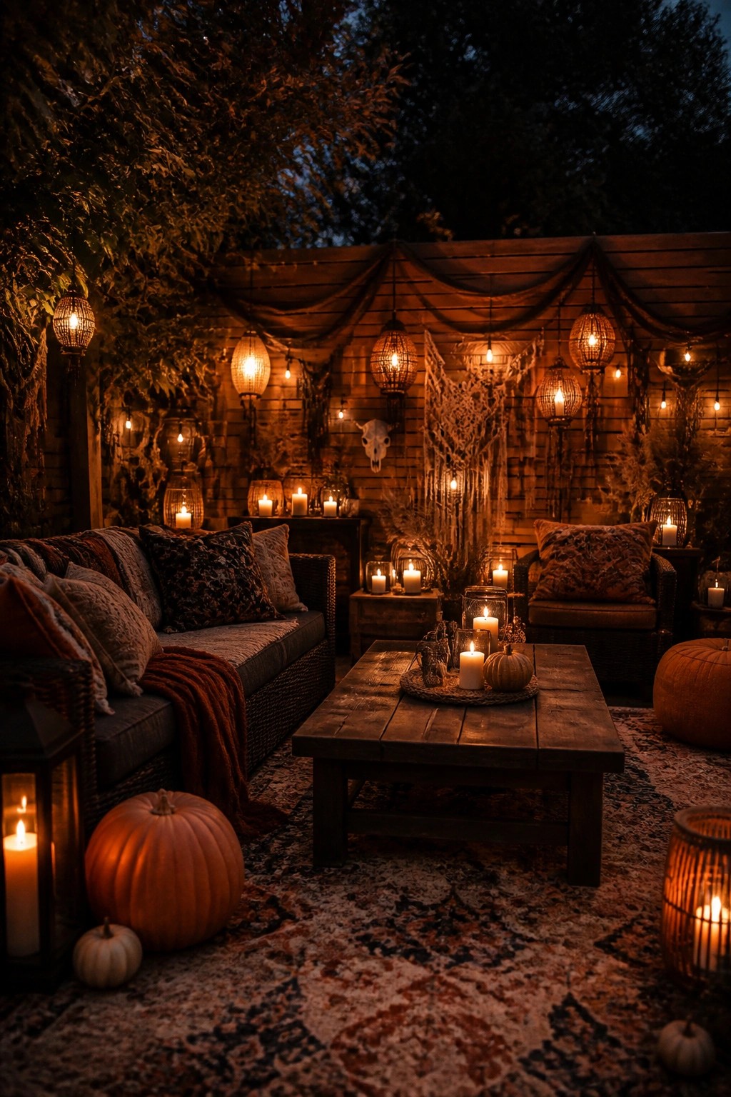Outdoor patio with hanging lanterns, string lights, and spiderwebs draped across a wooden wall, plus a skull and pumpkins on the seating area.