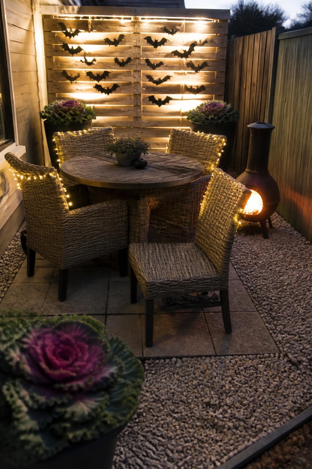 Outdoor patio with four wicker chairs wrapped in string lights around a round wooden table, a wooden wall with illuminated bat decorations, potted plants, and a lit chiminea on gravel.