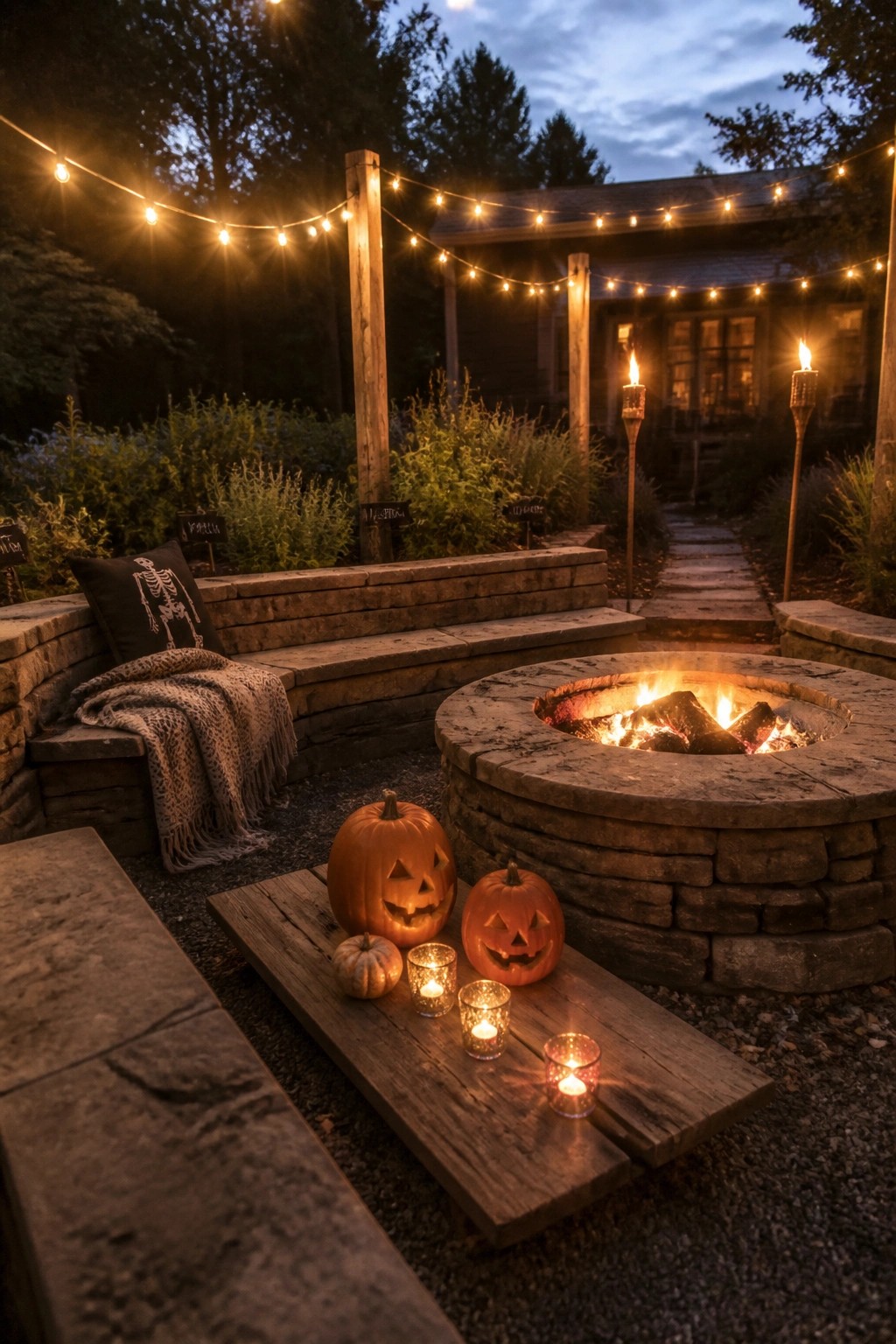 A round stone fire pit with a burning fire sits in a backyard patio at dusk, with string lights overhead, carved pumpkins on a wooden bench, and tiki torches nearby.