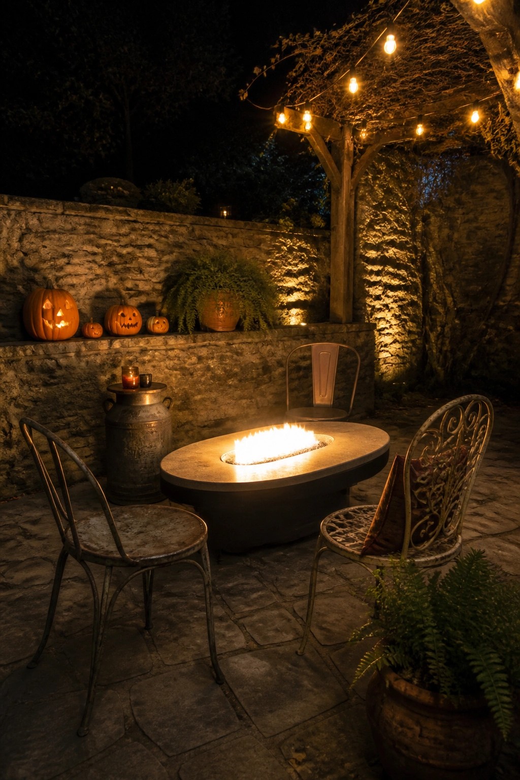 A nighttime patio scene shows a concrete fire pit with flames, surrounded by metal chairs on stone pavers, string lights overhead, and several carved pumpkins on a stone ledge.