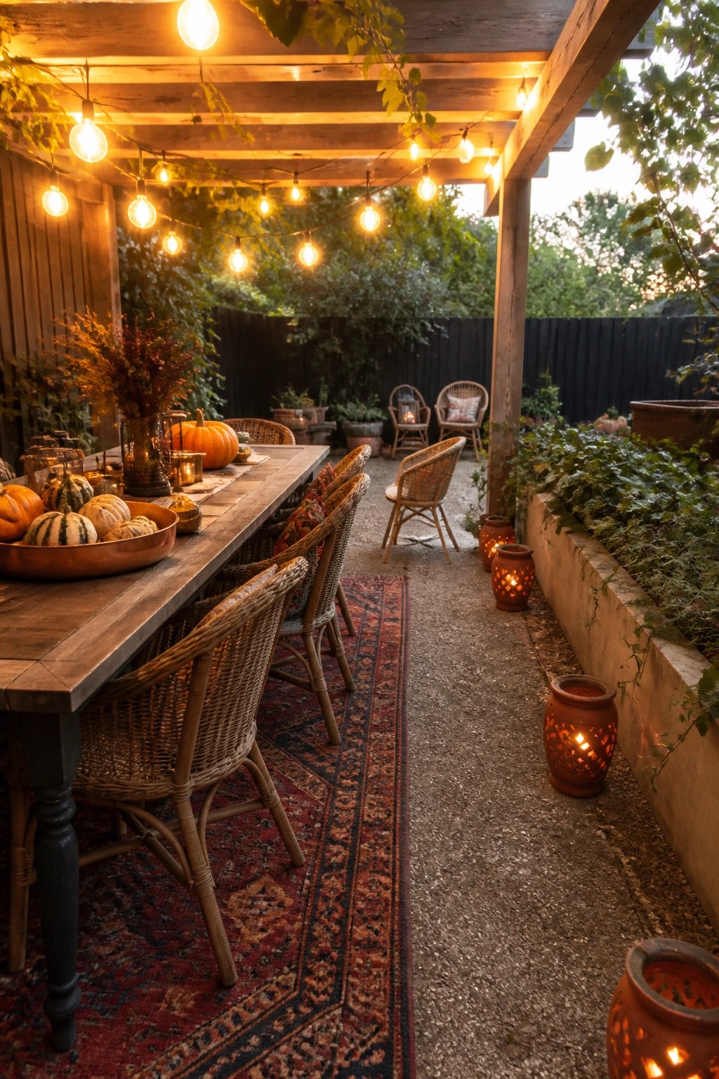 A wooden patio dining table with pumpkins and gourds is surrounded by wicker chairs under string lights, with terracotta lanterns along a garden path.