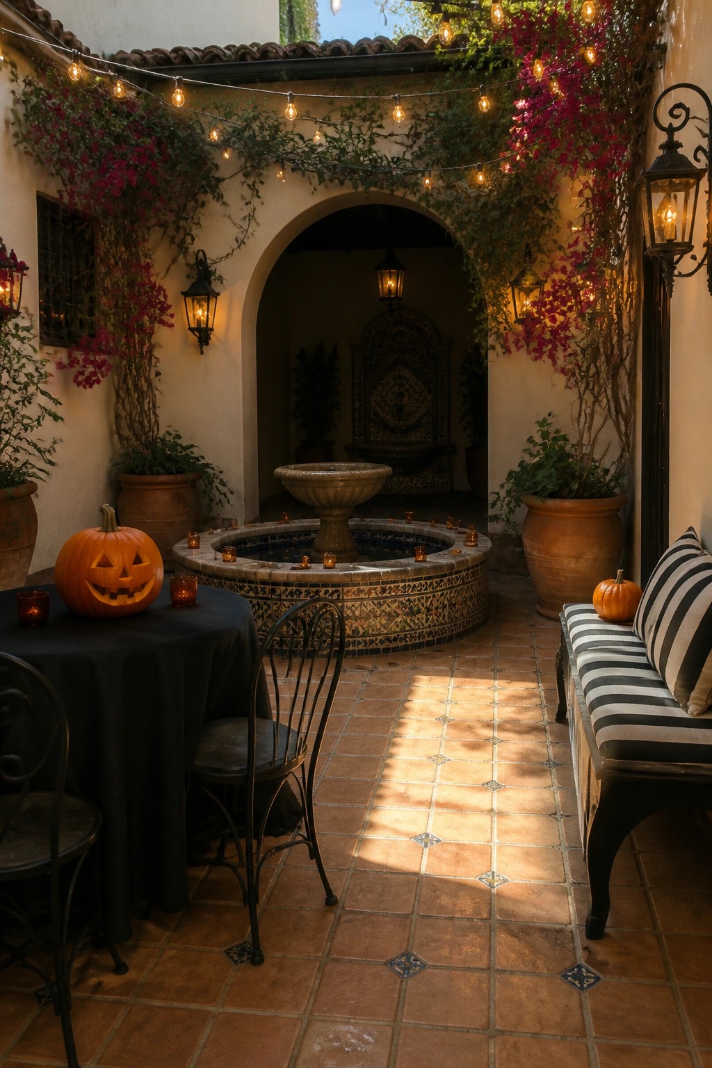 A tiled courtyard with string lights overhead, wall lanterns, a central fountain, pumpkins on a table and bench, and potted plants at dusk.