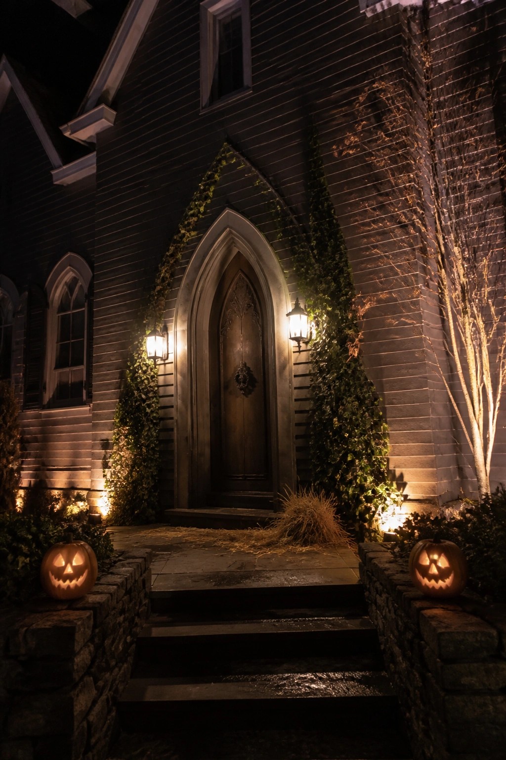 Gothic arched wooden door on dark house with lit lanterns and two jack-o'-lanterns on stone steps at night