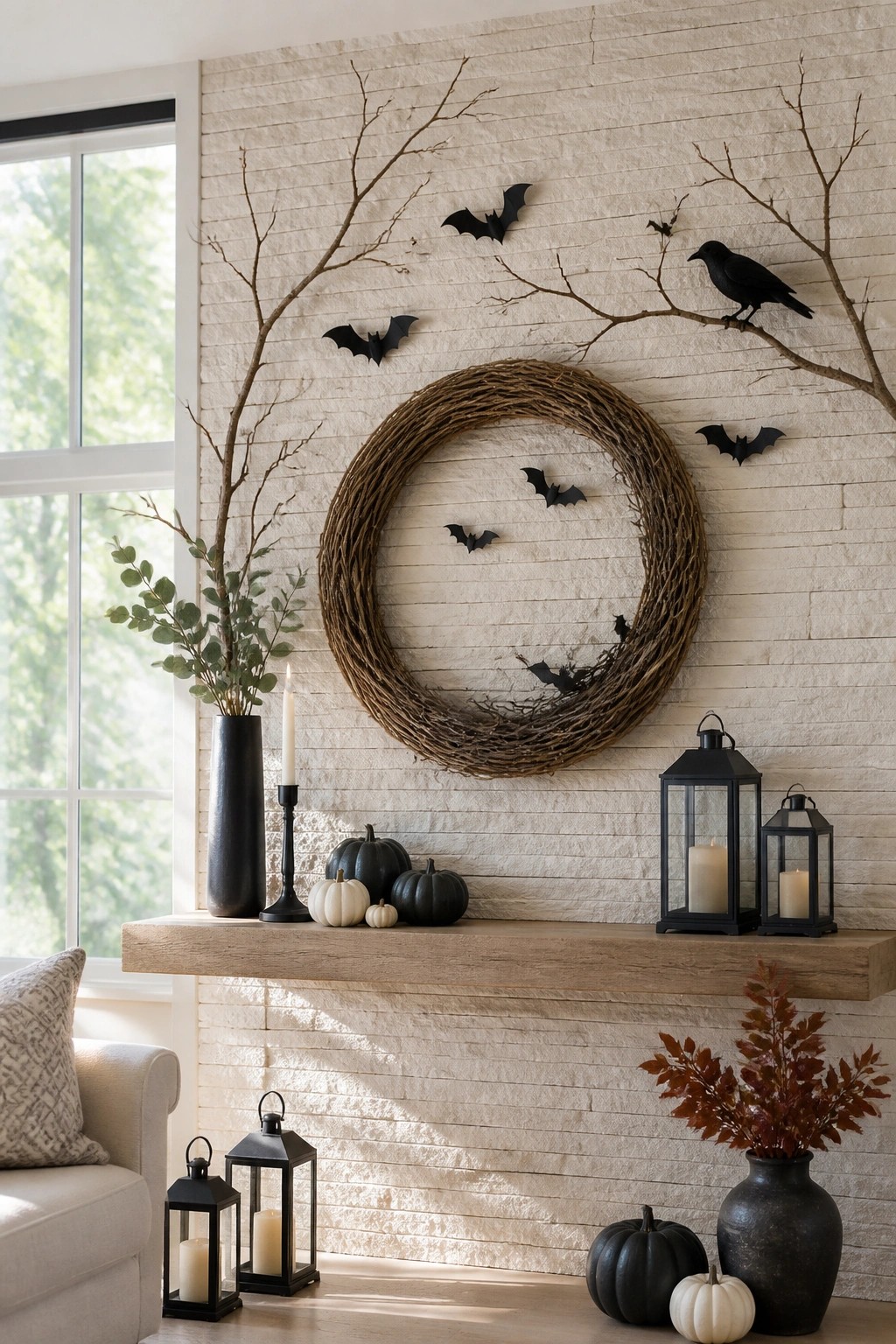 White brick wall featuring a large grapevine wreath with black bats arranged around it and a black crow perched on branches above a wooden mantel.