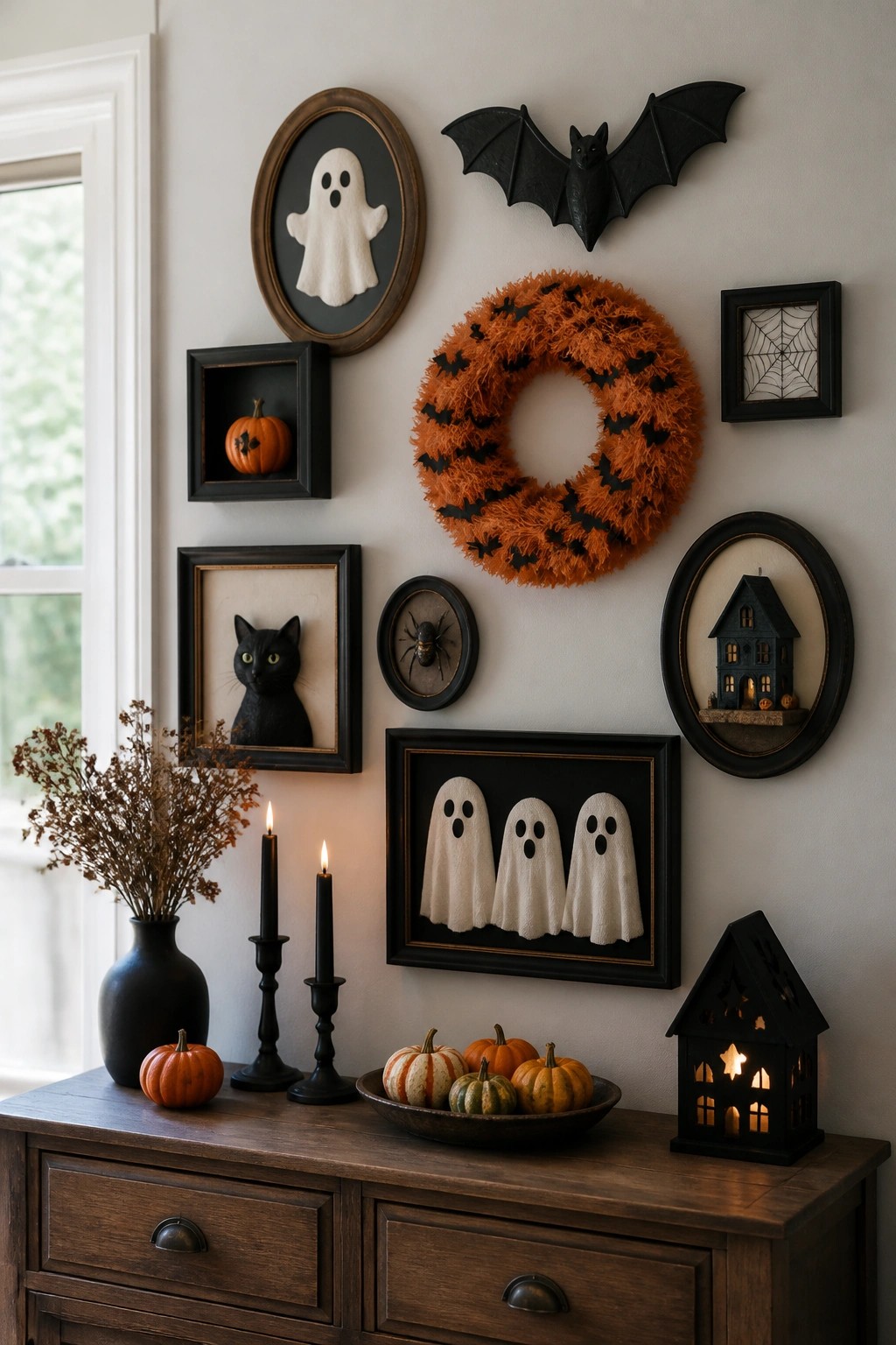 Halloween wall with ghost portraits, black bat, orange wreath, and pumpkins on wooden dresser