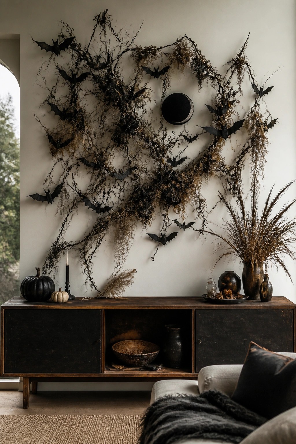 Living room wall decorated with black bats and dark branches arranged in a swirling pattern around a circular black accent.