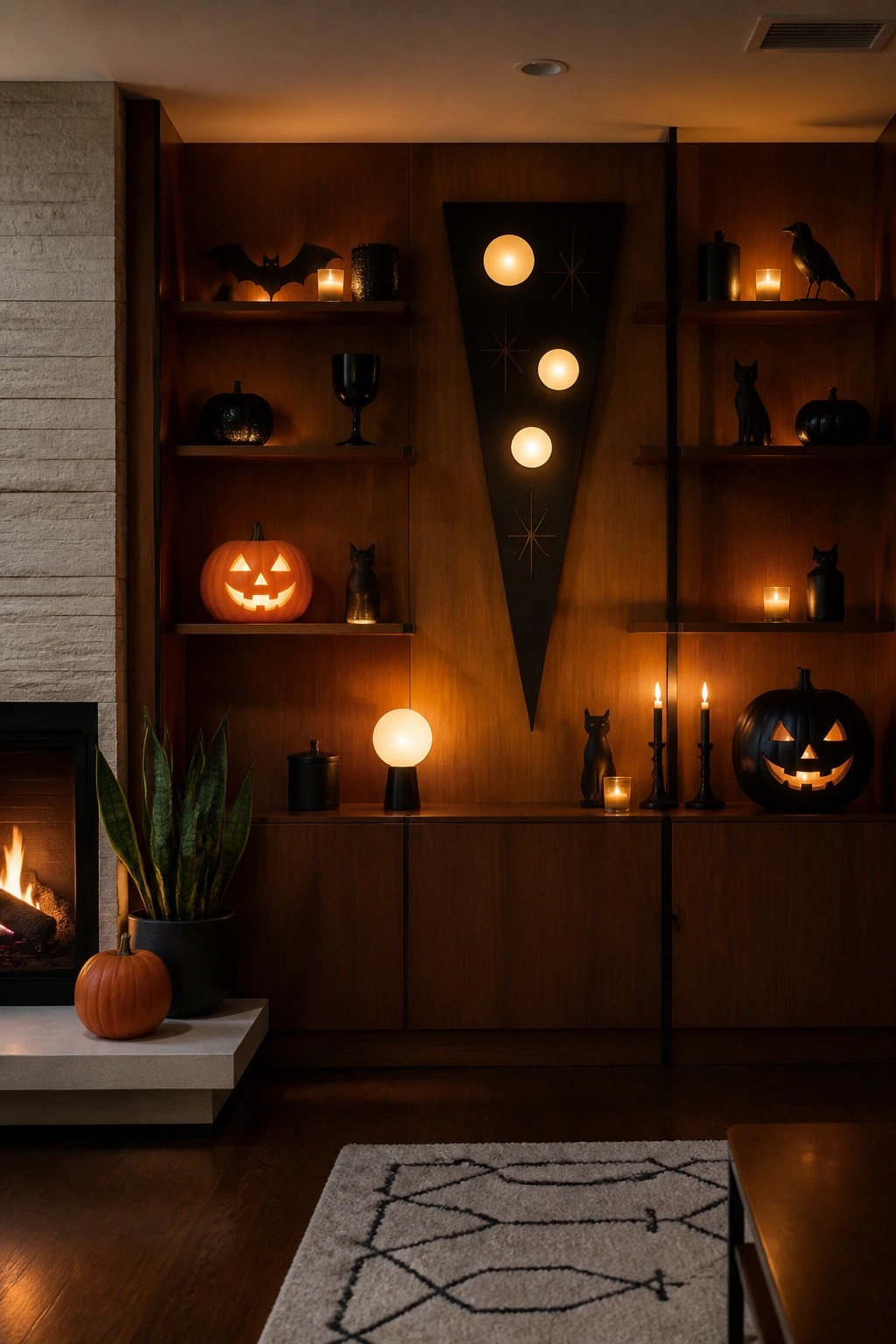 Living room wall with a large black triangular Halloween banner featuring glowing orbs and stars, styled with bats, jack-o'-lanterns, black cats, and candles on wooden shelves.