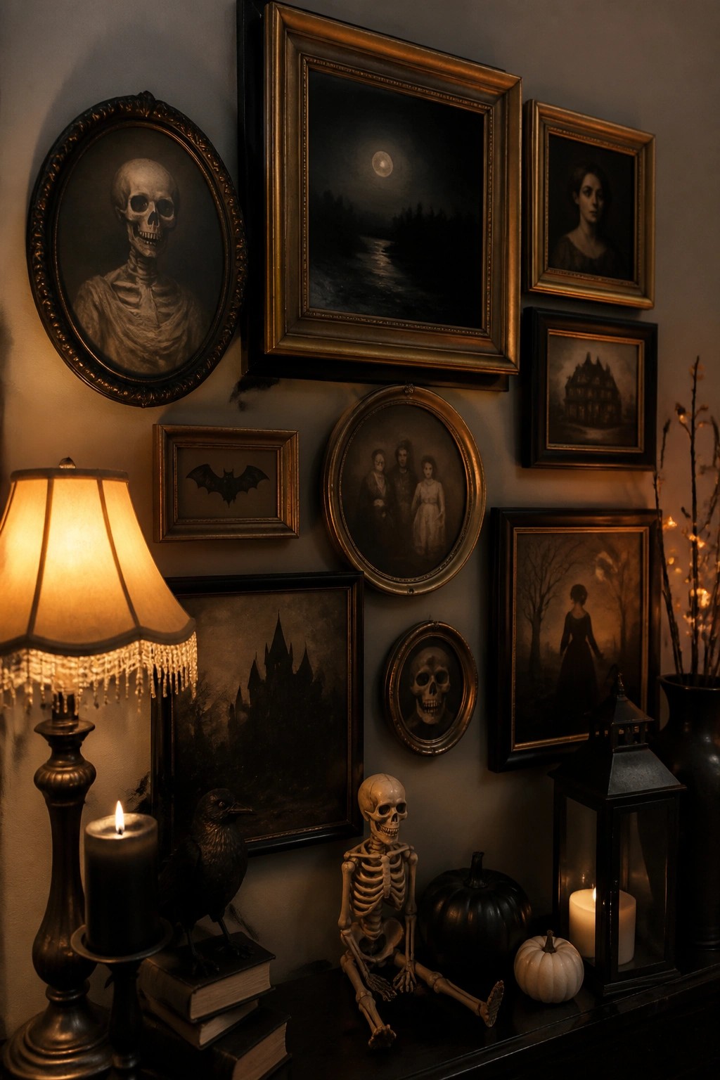 Gothic wall of framed skulls, moon, and haunted scenes above skeleton and glowing candles.