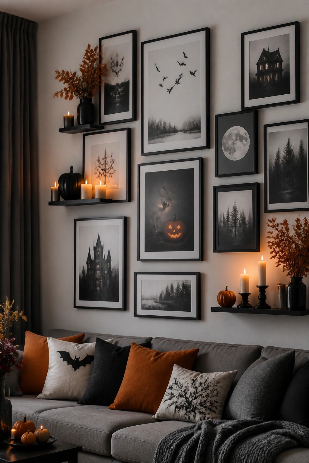Living room gallery wall with black framed prints showing bats, a haunted house, a jack o lantern, spooky trees, and a full moon above a gray sofa.