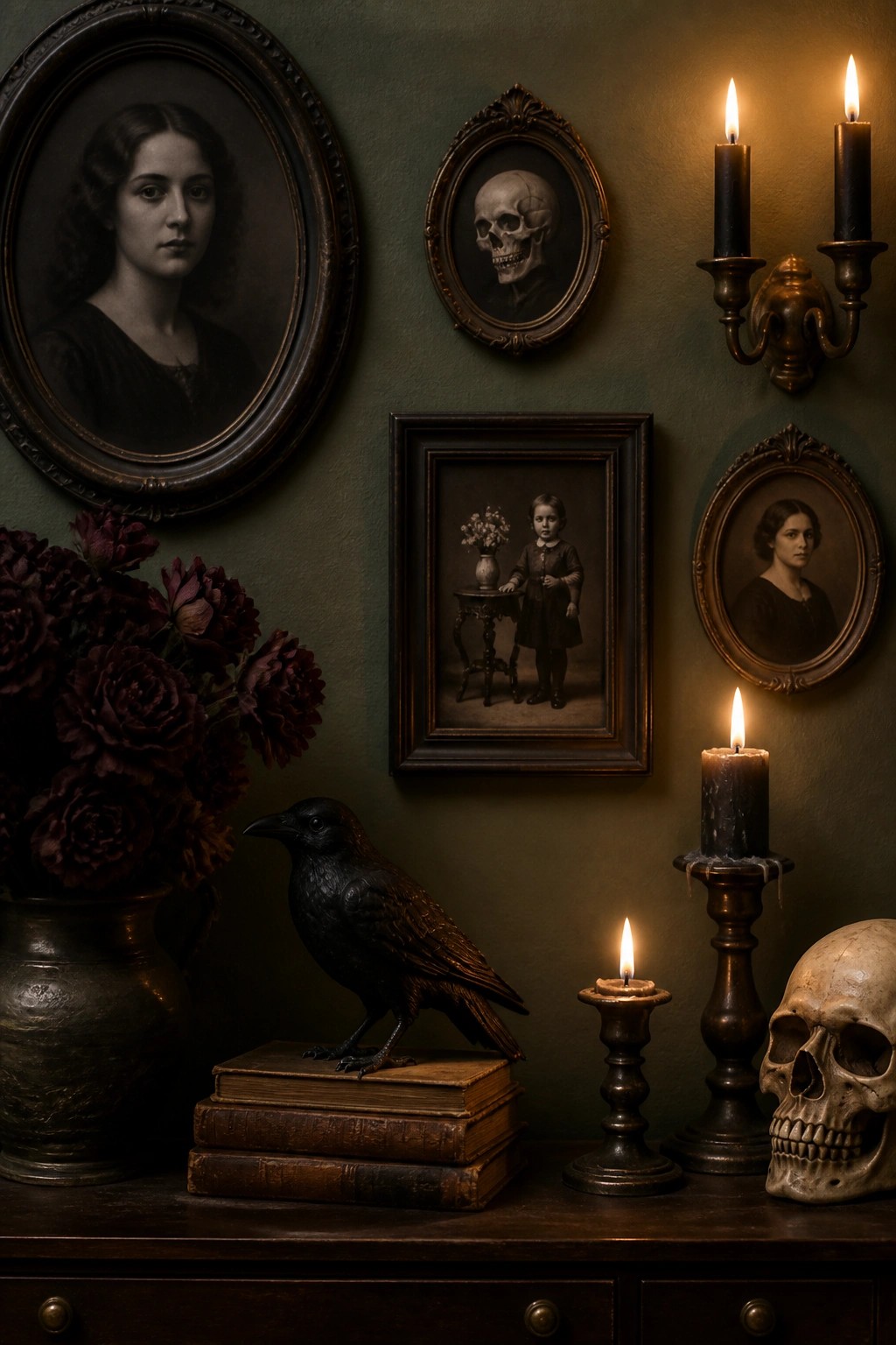 Dark green wall with several framed portraits including a skull and a young child, plus a black bird statue on old books and lit candles on a wooden surface.
