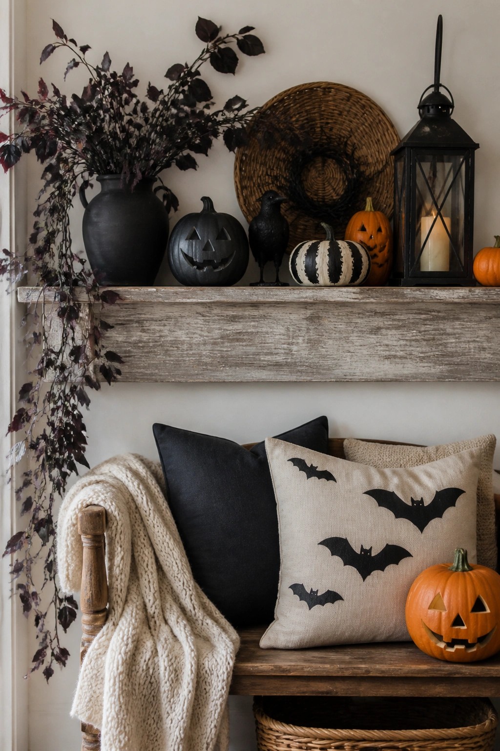 Rustic wooden mantel decorated with black carved pumpkins, a black crow figurine, a striped pumpkin, and a lit black lantern, with a bat-printed pillow on the bench below.