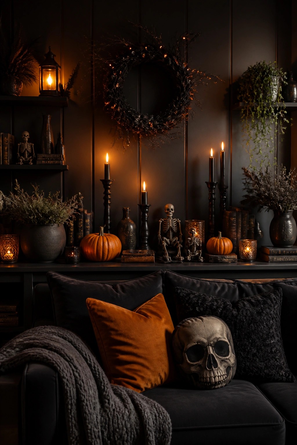 Dark living room mantel with skeleton figures, black candles, small pumpkins, and a lit twig wreath on the wall above.