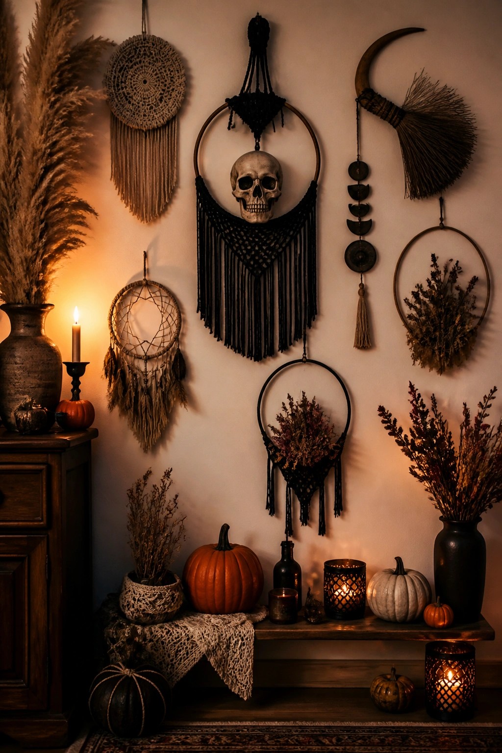 Wall with black macrame hangings featuring a central skull in a hoop, surrounded by dreamcatchers and dried botanicals above a bench with pumpkins and candles.