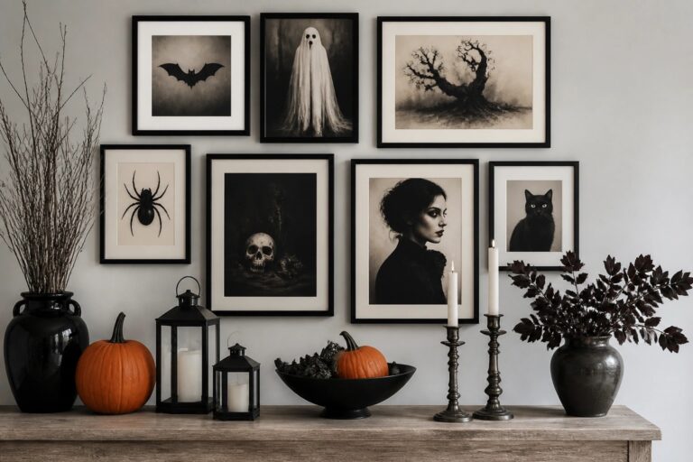 Living room gallery wall with black framed prints showing bats, a haunted house, a jack o lantern, spooky trees, and a full moon above a gray sofa.