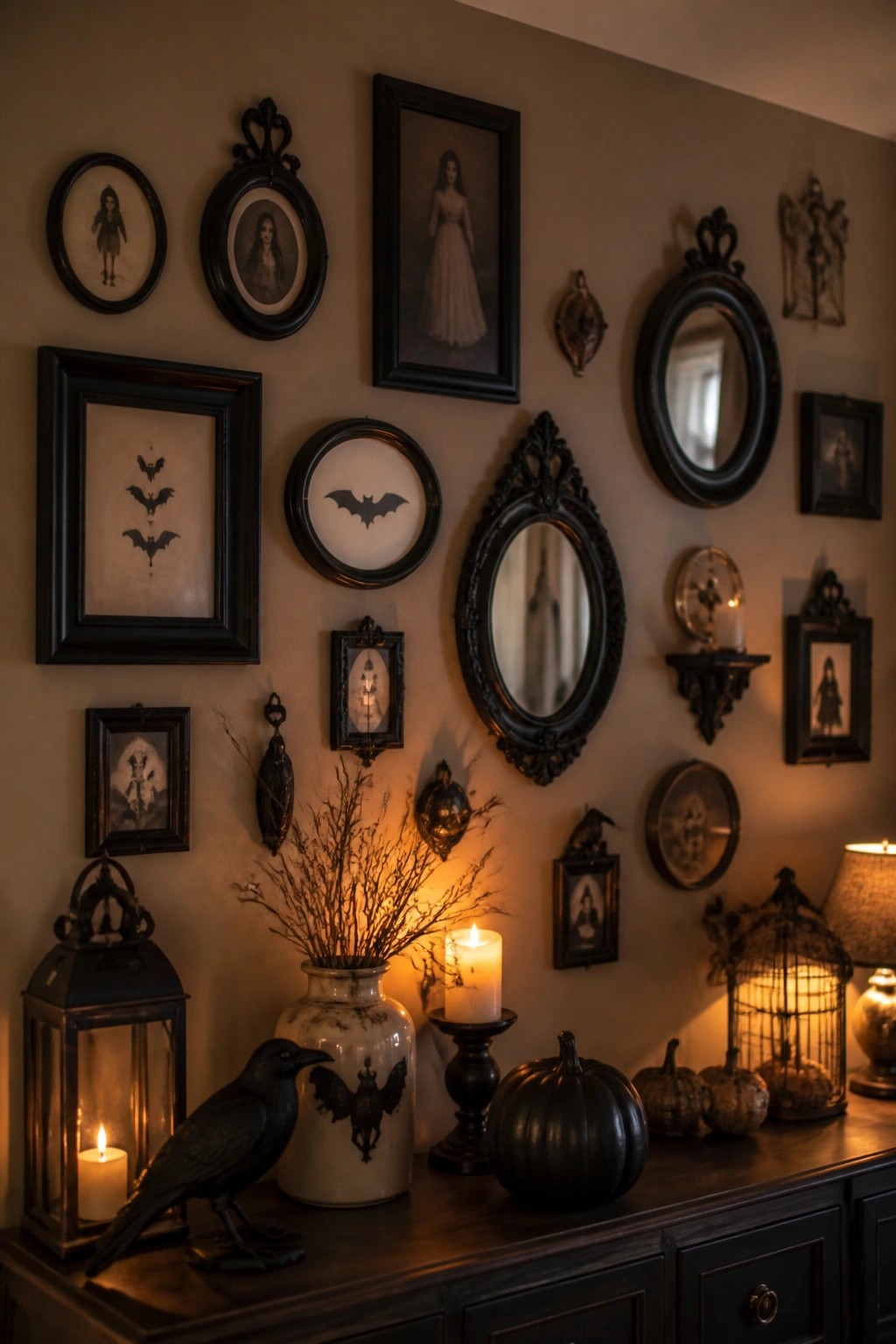 A wall arranged with multiple black frames holding bat prints, dark portraits, and round mirrors above a dark console table.