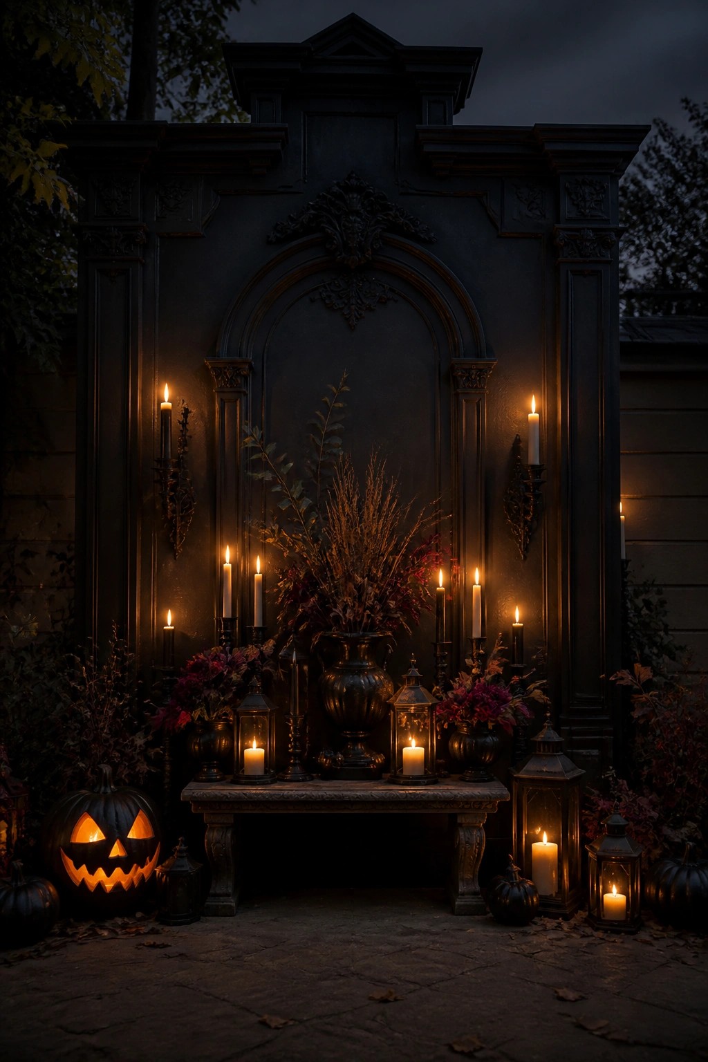 Outdoor dark ornate niche decorated with lit candles in holders, lanterns, black pumpkins including a carved jack-o'-lantern, and dried branches in a large vase.