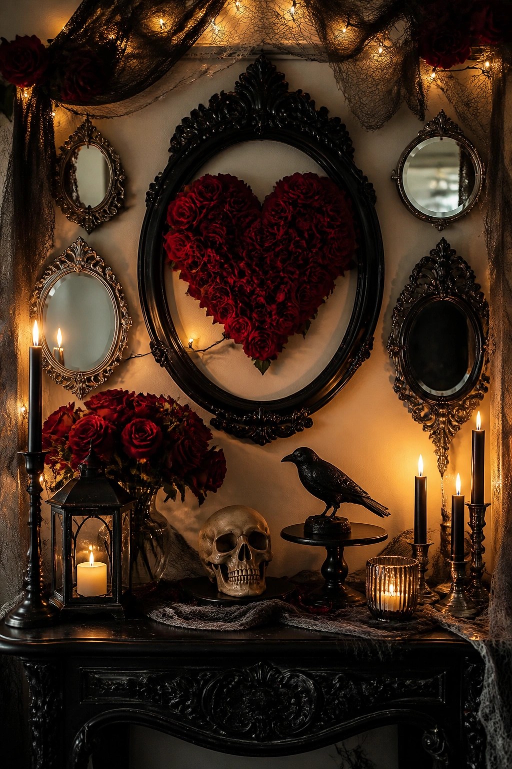 A large black ornate frame on the wall displays a heart shape made of red roses, flanked by smaller decorative mirrors, with a skull and crow statue on the dark mantel below.