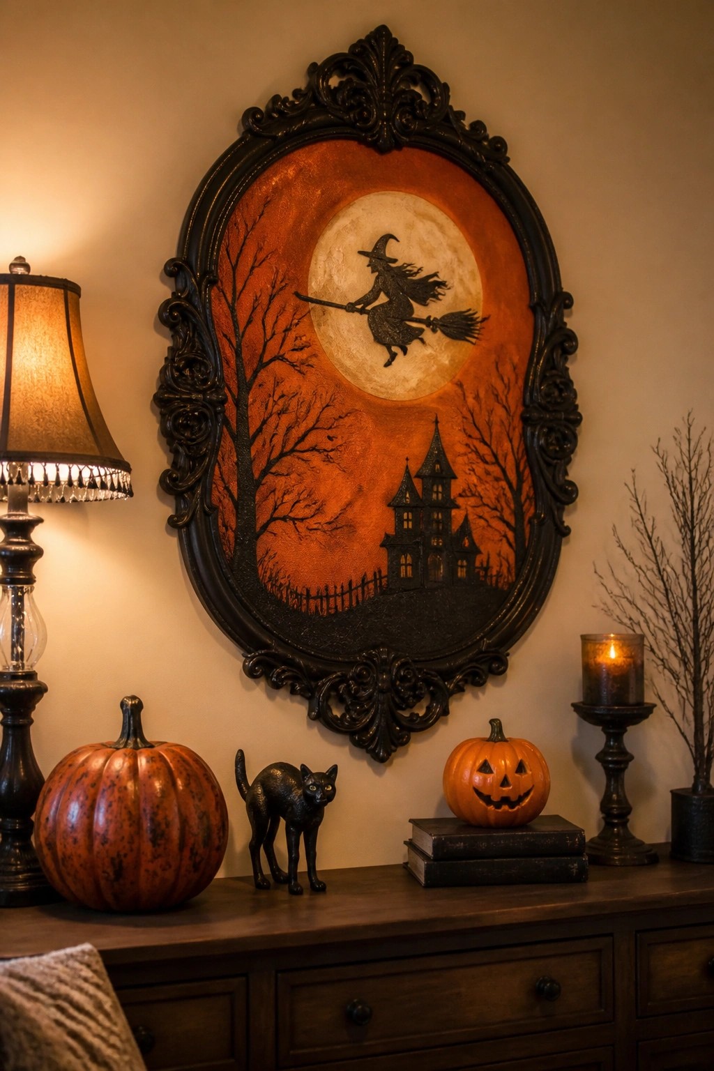 Large ornate black frame displaying a witch on a broomstick flying past a full moon above a haunted house, mounted on a wall over a wooden console with pumpkins and a black cat figurine.