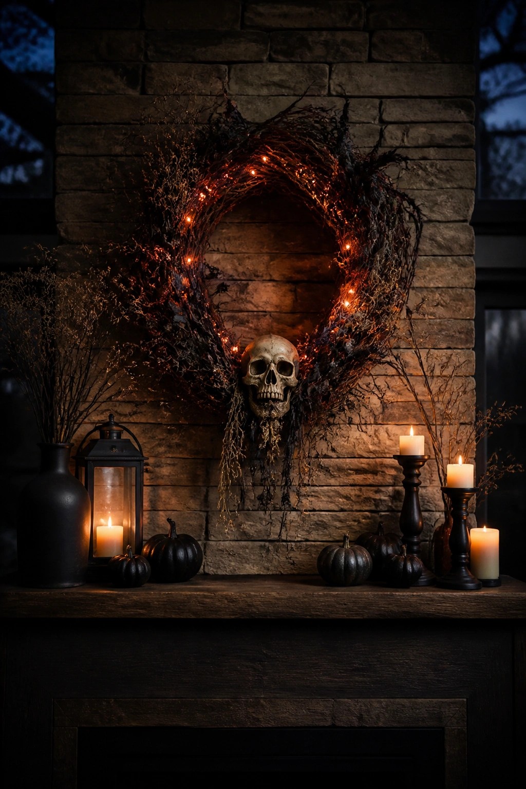Stone fireplace mantel with a large dark twig wreath holding a central skull and lit with orange string lights, plus black pumpkins and candles on the wooden mantel.