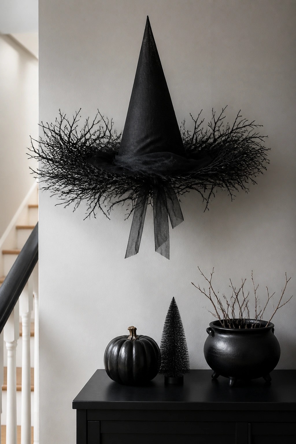 Black witch hat mounted on a light wall with a wreath of dark branches and a sheer bow, above a black console holding a pumpkin, small tree, and cauldron.