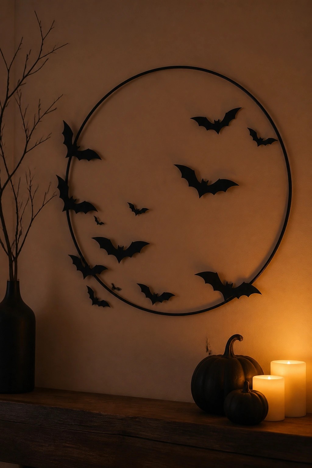 Wall with black bats arranged around a large circular frame above a wooden console holding pumpkins and candles.
