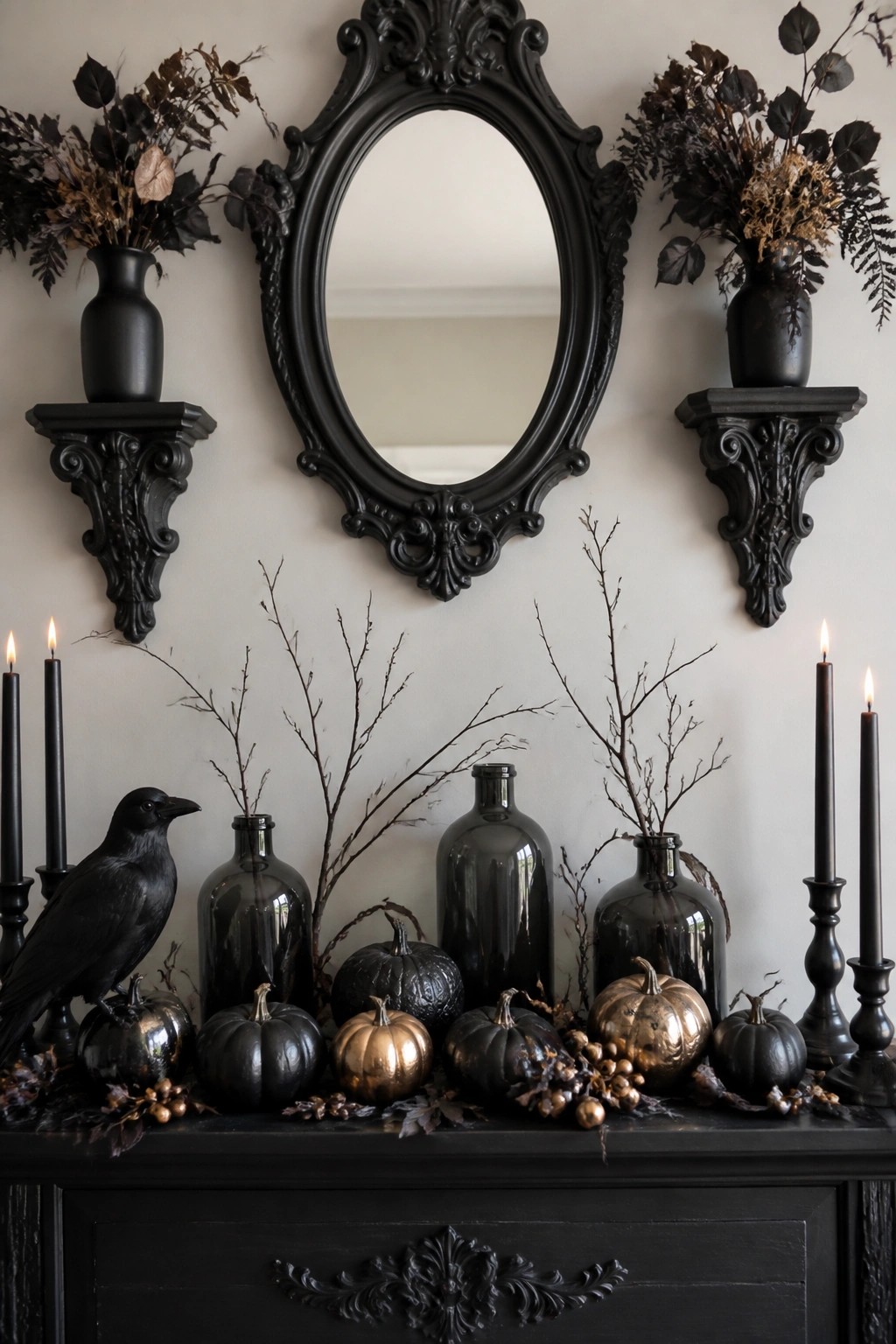 Black ornate mirror above a dark mantel styled with bare branches in glass bottles, black and metallic pumpkins, a black crow, and tall black candles.
