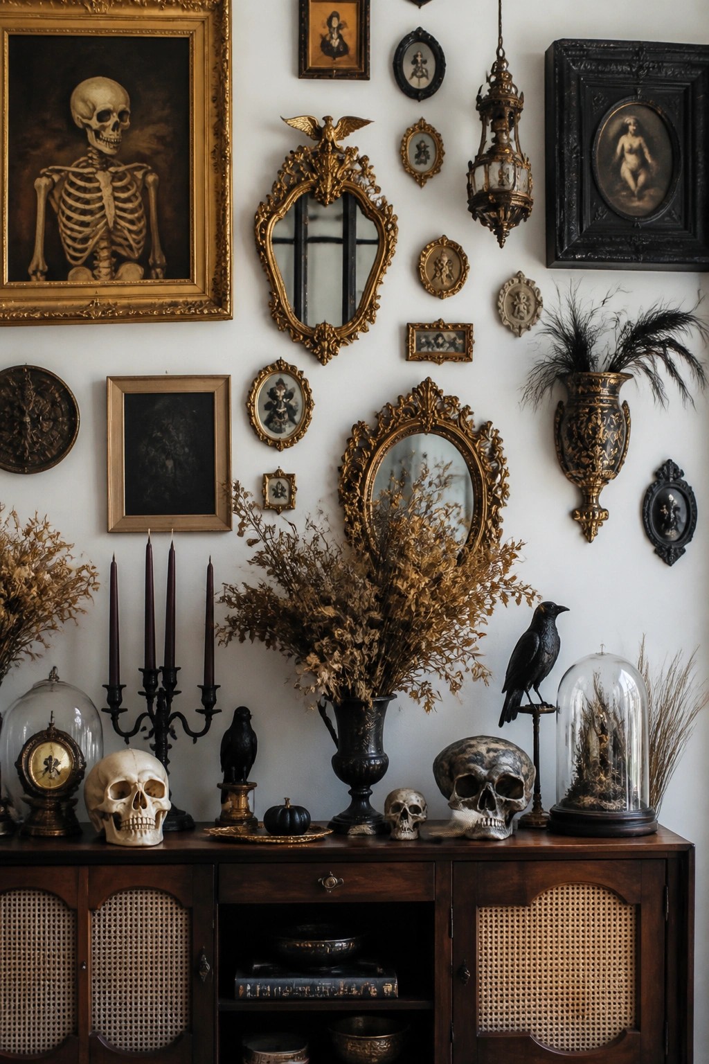 Wall covered with ornate gold and black frames holding skeleton paintings and small portraits above a wooden cabinet with skulls and black birds.